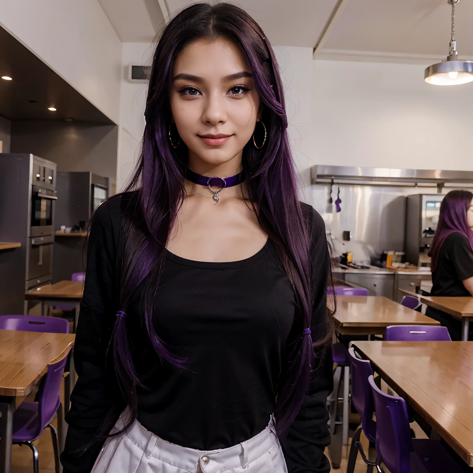 1 girl, young, 17y, extremely beautiful, long purple hair, Asian, lots of makeup, stylish black and purple clothes, earrings, mischievous smile, manipulative, superior, rich, choker, school cafeteria, from the front, walking