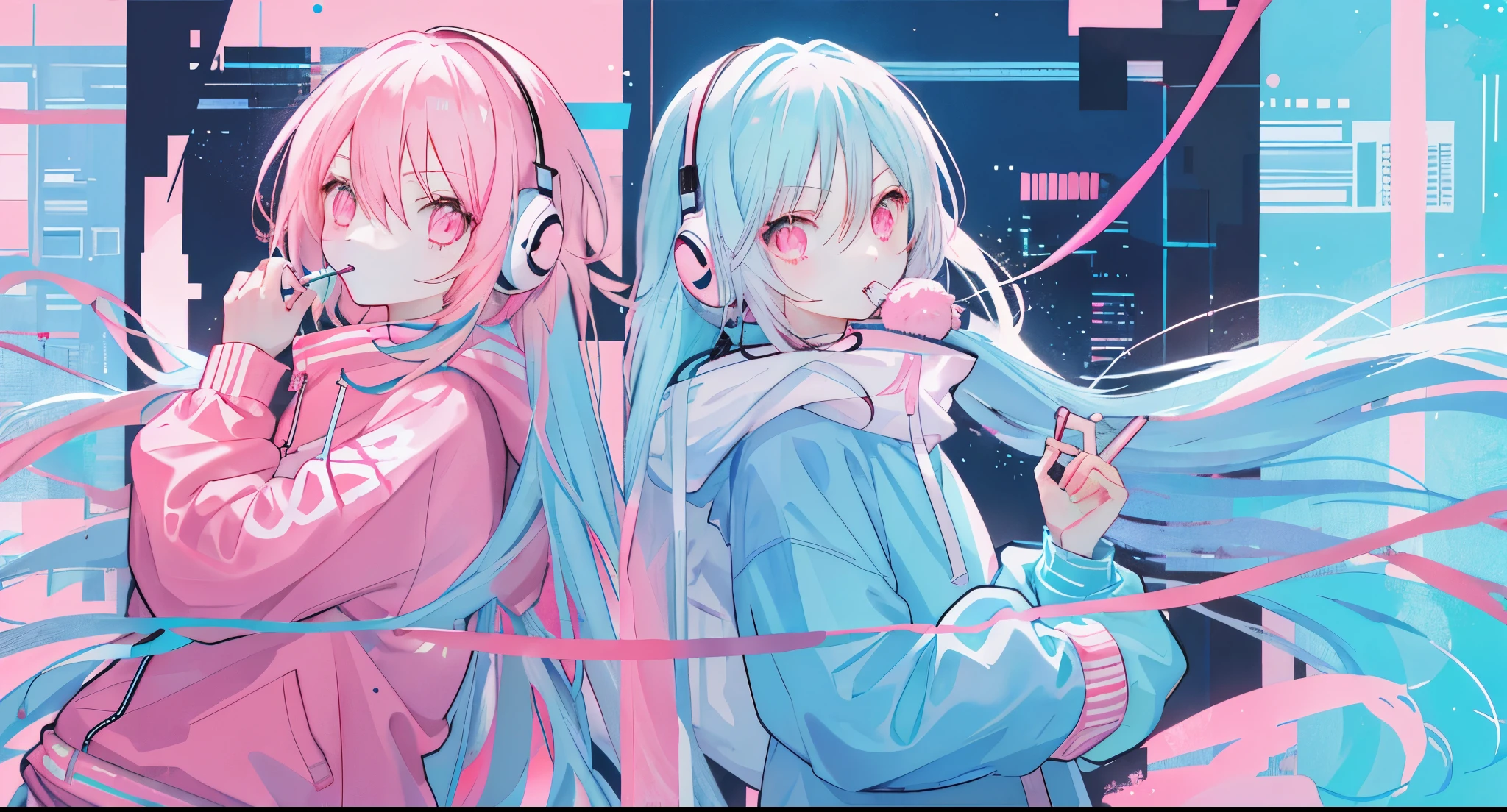 light blue long hair，Pink and white sweatshirt，pink eyes，black headphones，Lollipop in mouth