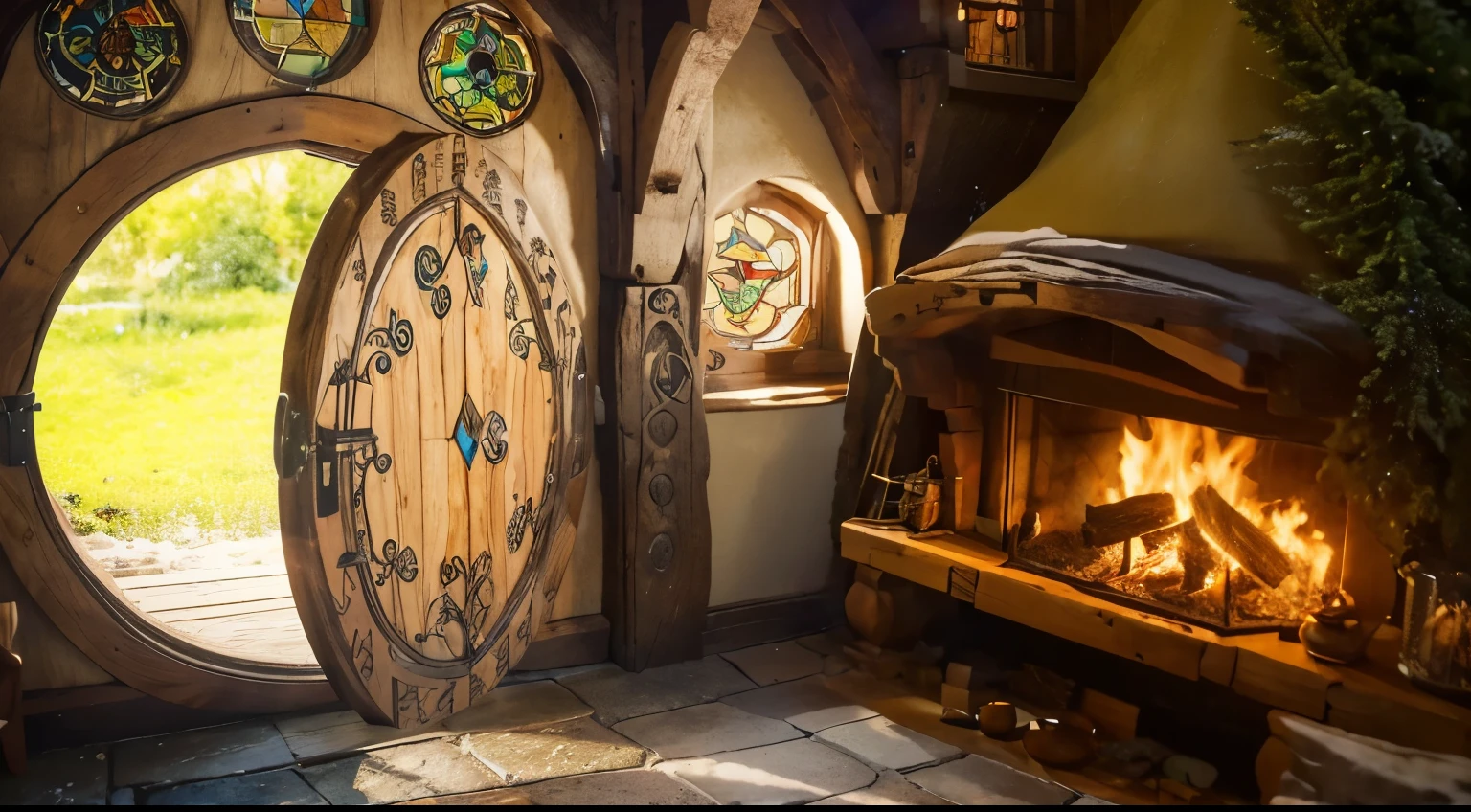 large fireplace at hobbit wooden house. Its winter and night, snow is out there of the door. A room full of objects, a table with goods, kettle and coffe cup, a bookshel aside the fireplace, and at the end, a pretty stained glass, a room of detailed objects (DO IT BETTER, MORE DETAILED)