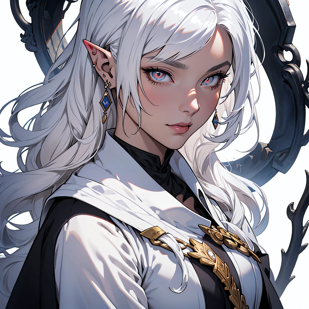 medieval anime art, masterpiece, best quality, by professional artist, female, solo, upper body portrait, detailed composition, detailed eyes, (((white background))), curly white hair, elf, mature, voluptuous, glowing white eyes, white black wizard royal magical outfit, lipstick, earrings