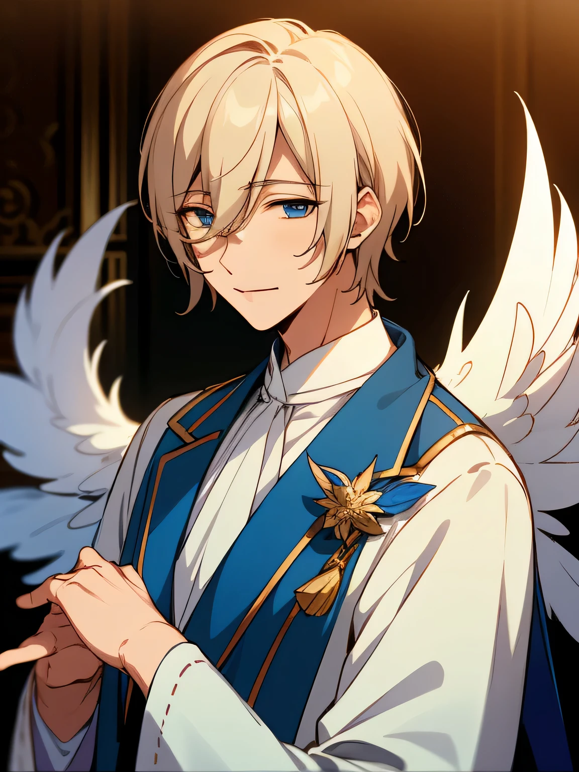 masterpiece, highest quality, male character, brightブロンドの髪, blue eyes, silky hair, chin length hair, short hair, null使の, white, feather, bright, stylized character design, High quality character design, detailed character design, great character design, male, highly detailed costume, sickly, elegant, Eichi, Eichi tenshouin, Lonely, frontage, ~ side, 素敵なmaleの子, perfect face, fine eyes, elegant, good looking man, Face-to-face camera, grace, good looking, bright背景, light room, Frank, neutral face, indoor, cloud, 青whiteい lighting, relaxed, peaceful, beautiful, Happy, kind, kind, 背が高いmale, セクシーなアニメのmale, hot, detailed background, in front of school , original, RGkg, beautiful boy, Bishi, gold details, white outfit, light clothing, pastel, calm colors, portrait, tired eyes, Fine Ensemble Stars, Idol, model, slim, good looking male, null使の, Bokeh, Unique lighting, colorful shading, null使たち, Hello, white wings, white feather, null, 青whiteい