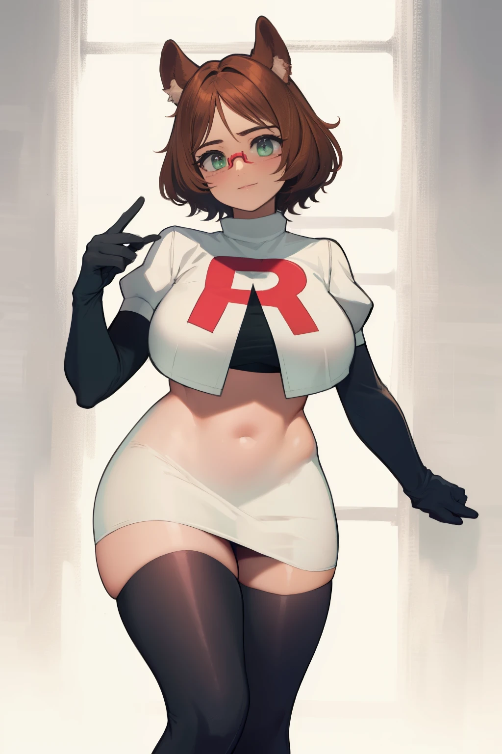 (mint-castella:1.3)
(absurdres, absurd resolution, highres, high resolution, best quality, masterpiece:1.1)
(solo, 1girl)
cowboy shot, standing
simple background
animal ears, brown hair, dog ears, dog girl, dog tail, green eyes, white pupils
red-framed eyewear, glasses, semi-rimless eyewear
team rocket,team rocket uniform, red letter R, white skirt,white crop top,black thigh-highs,black elbow gloves
plump, large breasts, thick thighs, skindentation