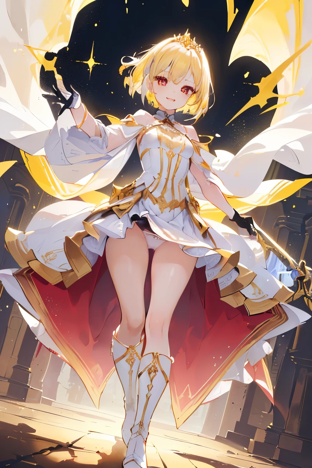 (((((1girl))))), ((best quality)), ((masterpiece)), ((ultra-detailed)), (illustration), (detailed light), (an extremely delicate and beautiful), (beautiful detailed eyes), (sunlight), ((extremely light)), ((extremely clothes)), (((hyper detail))),(((((front lighting))))),(((((front light))))),
((((quite adorable white Armor with a brief skirt and robe and a tiara)))),
(((Master Executioner))),
(((wavy short bob))), ((((yellow gold hair)))), (((short hair))),
(((deep red eyes))),
((((whole body)))), aged 5 to 8, ((((very adorable young girl)))), ((condescending expression)), ((mischievous smile with sexual satisfaction)), (((extra adorable))), (((((extra slender shape))))), (((((extremely beautiful detailed face))))),
(((dynamically attacking enemies with a sword))),
(((elegant magic boots))), (Dutch angle), (((elegant magic gloves))), ((transparent magical underskirt)), (a little bit exposed adorable magical panties)