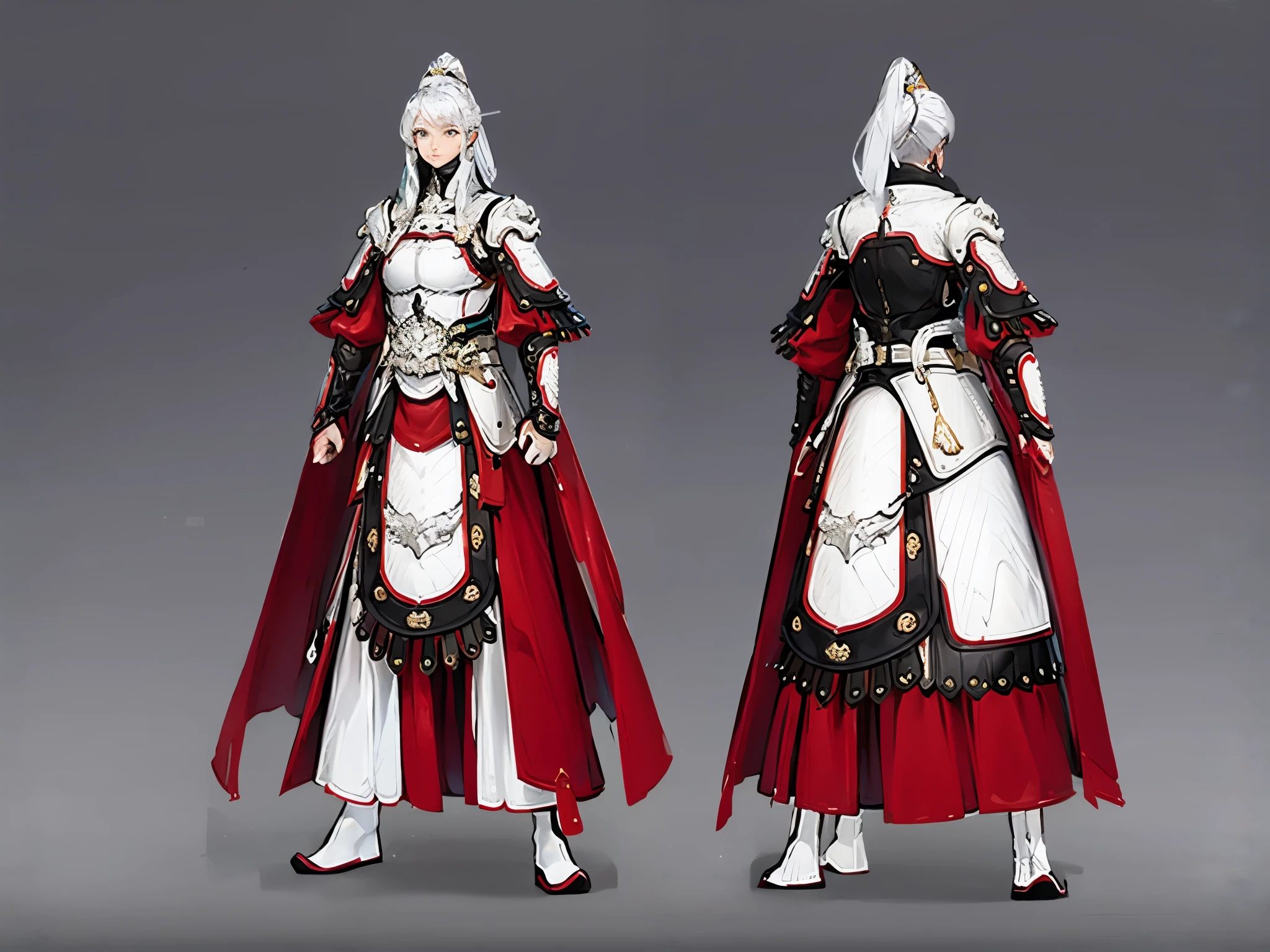 A white-haired woman，Professional Knight，Wearing white and red armor，Standing posture