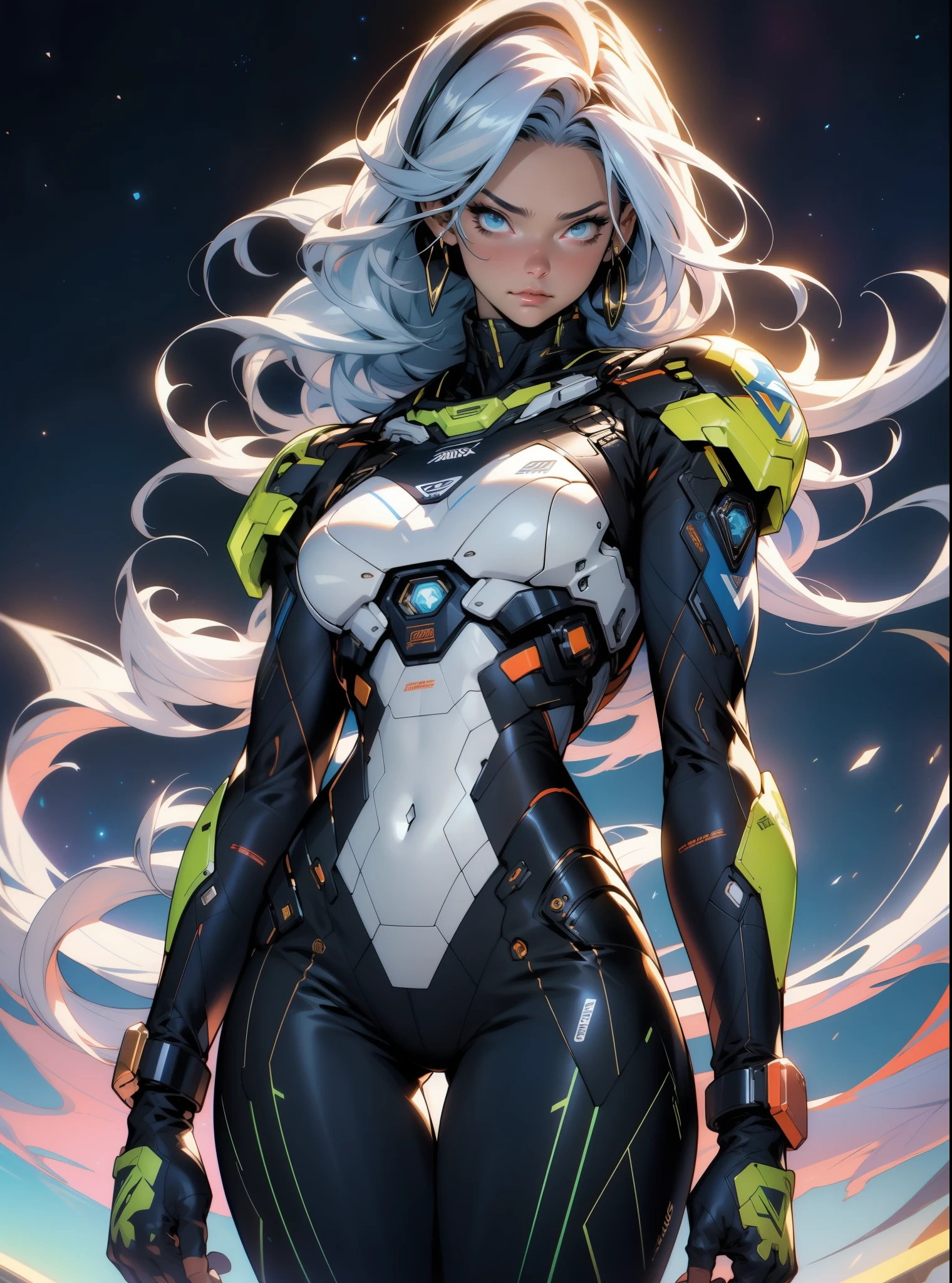 (((adult woman))), ((Best quality)), ((masterpiece)), (detailed: 1.4), (Absurd), warrior muscular adult woman of 35 years with micro thong in the style of Simon Bisley, perfect body, bare thighs, neckline, large breasts, blue 2-piece clothing, almost naked, long white hair, tattoo on the arms, cybernetic hand, pastel, centered, scale to fit the dimensions, HDR (High Dynamic Range), Ray Tracing,NVIDIA RTX,Super-Resolution,Unreal 5,Subsurface Dispersion, PBR Texture, Post-processing, Anisotropic Filtering, Depth of field, Maximum clarity and sharpness, Multilayer textures, Albedo and specular maps, Surface shading, Accurate simulation of light-material interaction, Perfect proportions, Octane Render, Two-tone lighting, Wide aperture, Low ISO, White balance, Rule of thirds, 8K RAW, galaxy background, stars