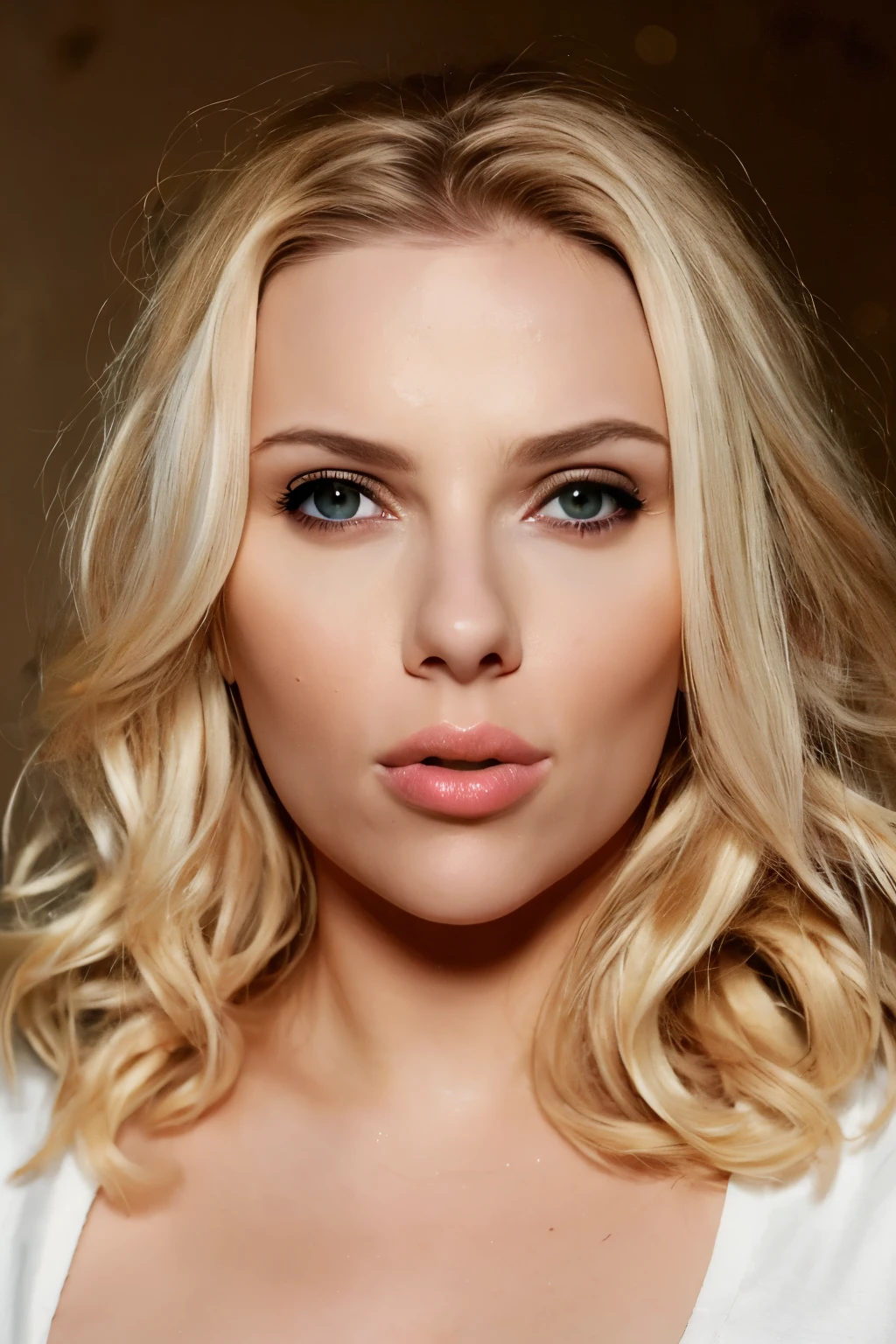 (8k, RAW photo, best quality, highres: 1.2), (realistic, photorealistic: 1.37), 1girl, Scarlett, lips, ((lips separated)), soft hair, light smile, seductive eyes, (upper body: 1.3), looking at the viewer, beauty mark, big breasts. large neckline (eye focus, 135mm lens, F/1.8, lens flare),