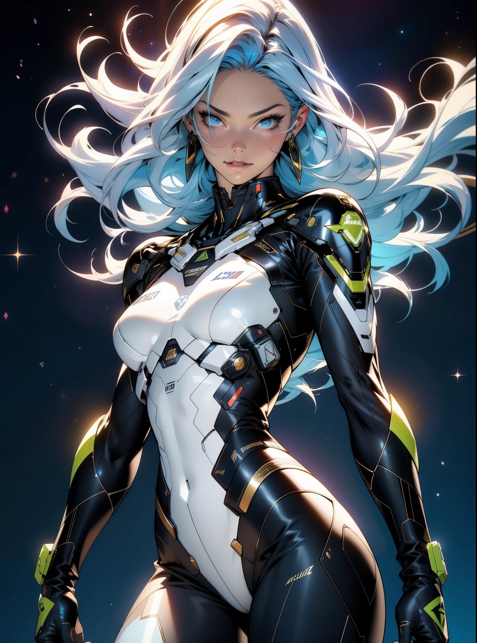 (((adult woman))), ((Best quality)), ((masterpiece)), (detailed: 1.4), (Absurd), warrior muscular adult woman of 35 years with micro thong in the style of Simon Bisley, perfect body, bare thighs, neckline, large breasts, blue 2-piece clothing, almost naked, long white hair, tattoo on the arms, cybernetic hand, pastel, centered, scale to fit the dimensions, HDR (High Dynamic Range), Ray Tracing,NVIDIA RTX,Super-Resolution,Unreal 5,Subsurface Dispersion, PBR Texture, Post-processing, Anisotropic Filtering, Depth of field, Maximum clarity and sharpness, Multilayer textures, Albedo and specular maps, Surface shading, Accurate simulation of light-material interaction, Perfect proportions, Octane Render, Two-tone lighting, Wide aperture, Low ISO, White balance, Rule of thirds, 8K RAW, galaxy background, stars