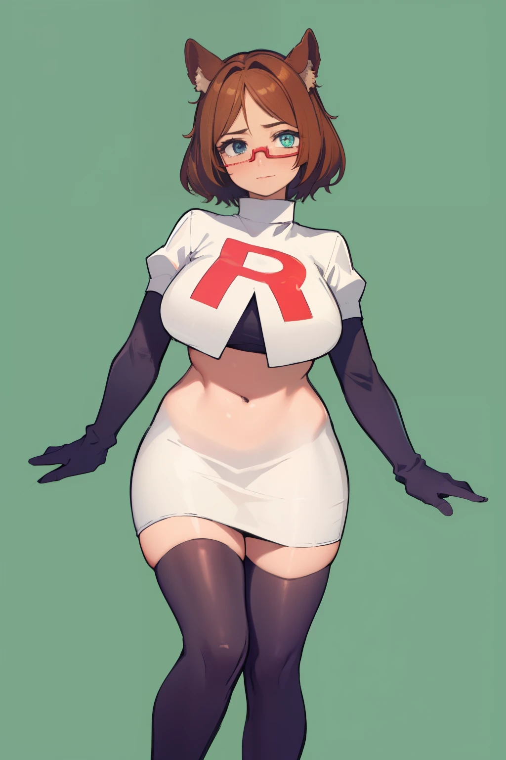 (mint-castella:1.3)
(absurdres, absurd resolution, highres, high resolution, best quality, masterpiece:1.1)
(solo, 1girl)
cowboy shot, standing
simple background
animal ears, brown hair, dog ears, dog girl, dog tail, green eyes, white pupils
red-framed eyewear, glasses, semi-rimless eyewear
team rocket,team rocket uniform, red letter R, white skirt,white crop top,black thigh-highs,black elbow gloves
plump, large breasts, thick thighs, skindentation