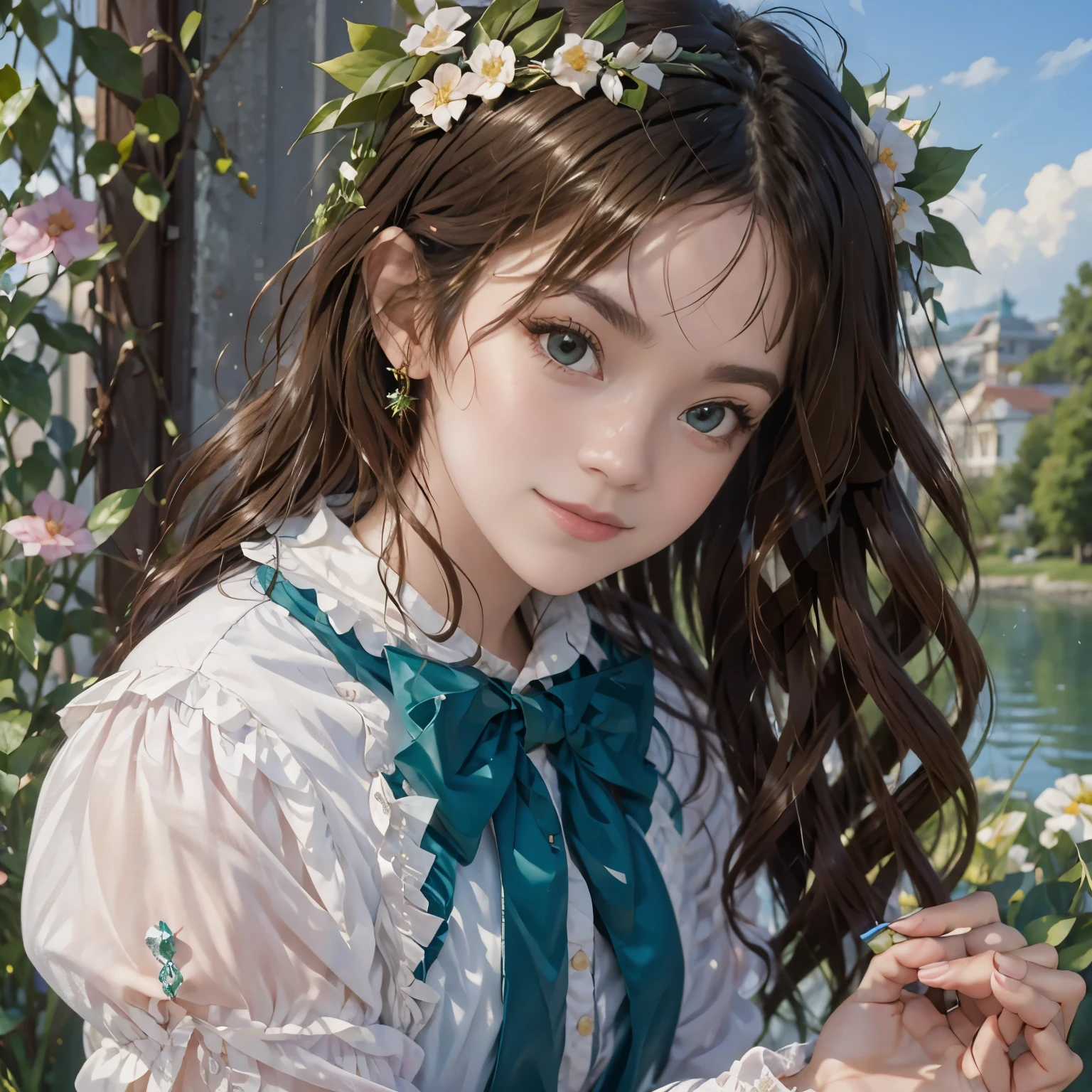 (Masterpiece, Best quality:1.2), 1 girl,Top quality , Masterpiece высокого искусства. portrait of 1girl, very sweet and pretty girl. Emerald eyes , long curly brown hair. seductive smile , Very beautiful .photo portrait of a beautiful girl in the highest quality !6