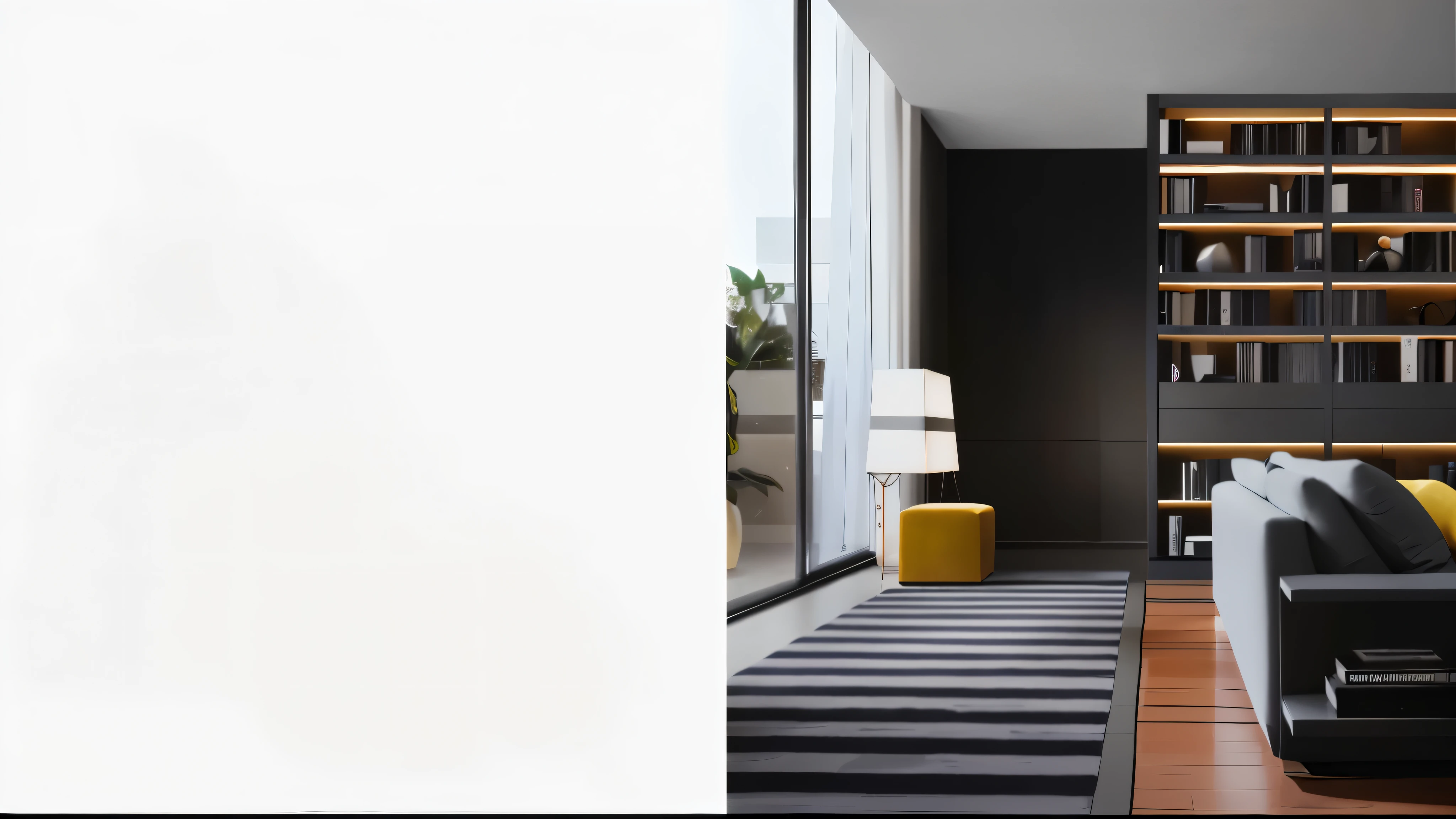 Black and white striped carpet in the living room, Clear and smooth lines, floor lamp, Soft indoor light, artwork, Award-winning masterpiece, minimally modern, Clear and smooth lines, elegant minimalism, soft natural light, exhibit, Inspired by Emilio Grau Sala, * * *, detailed, abnormal, contrast side light, strong contrast, color, natural lighting