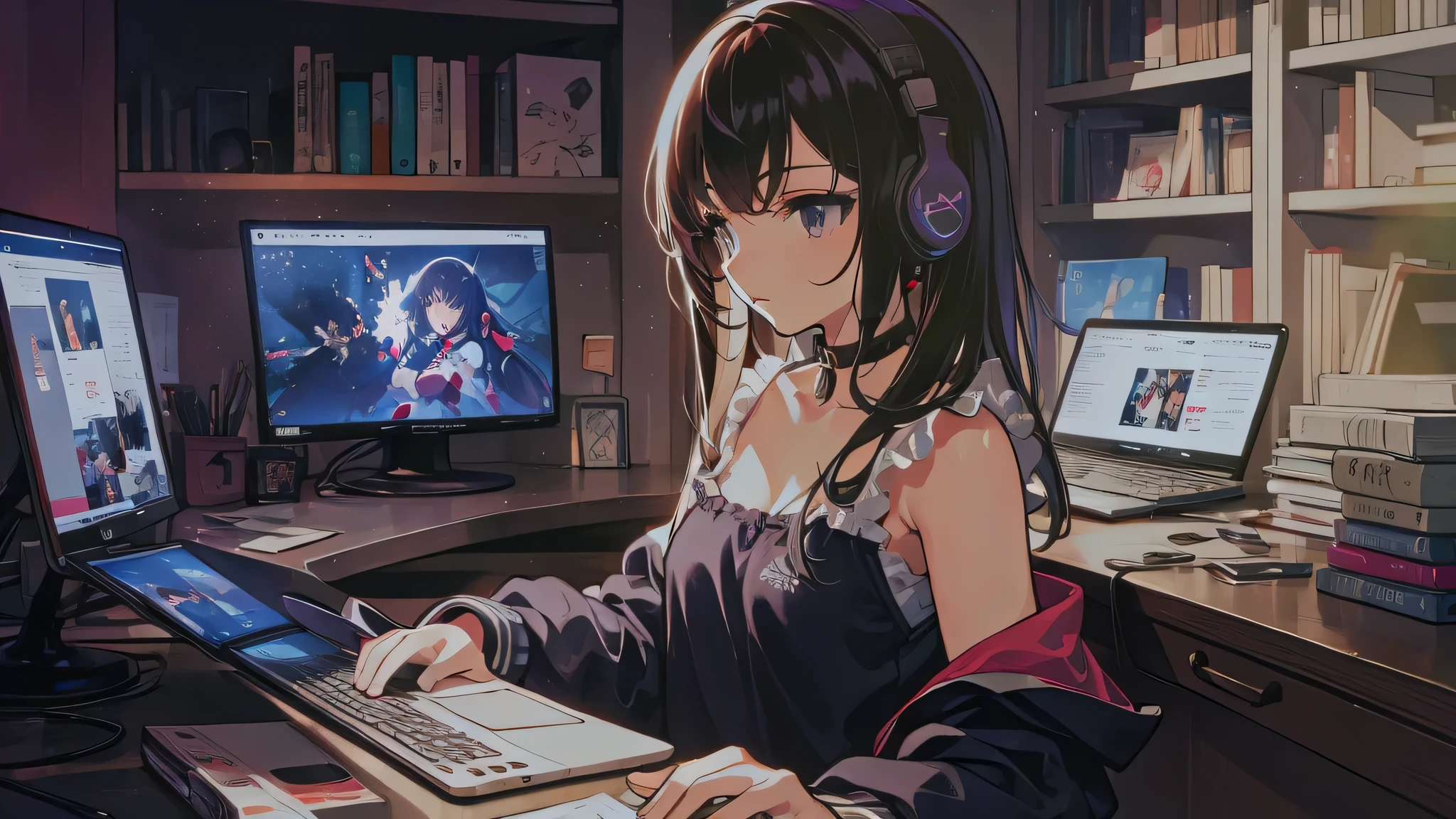Anime girl with headphones typing on computer in library, anime style 4k, lofi girl, 4k manga wallpaper, Nightcore, anime moe art style, Best Anime 4K Kona-chan Wallpaper, anime art wallpaper 4k, anime art wallpaper 4k, anime atmosphere, 4k anime wallpaper, anime wallpaper 4k, anime wallpaper 4k