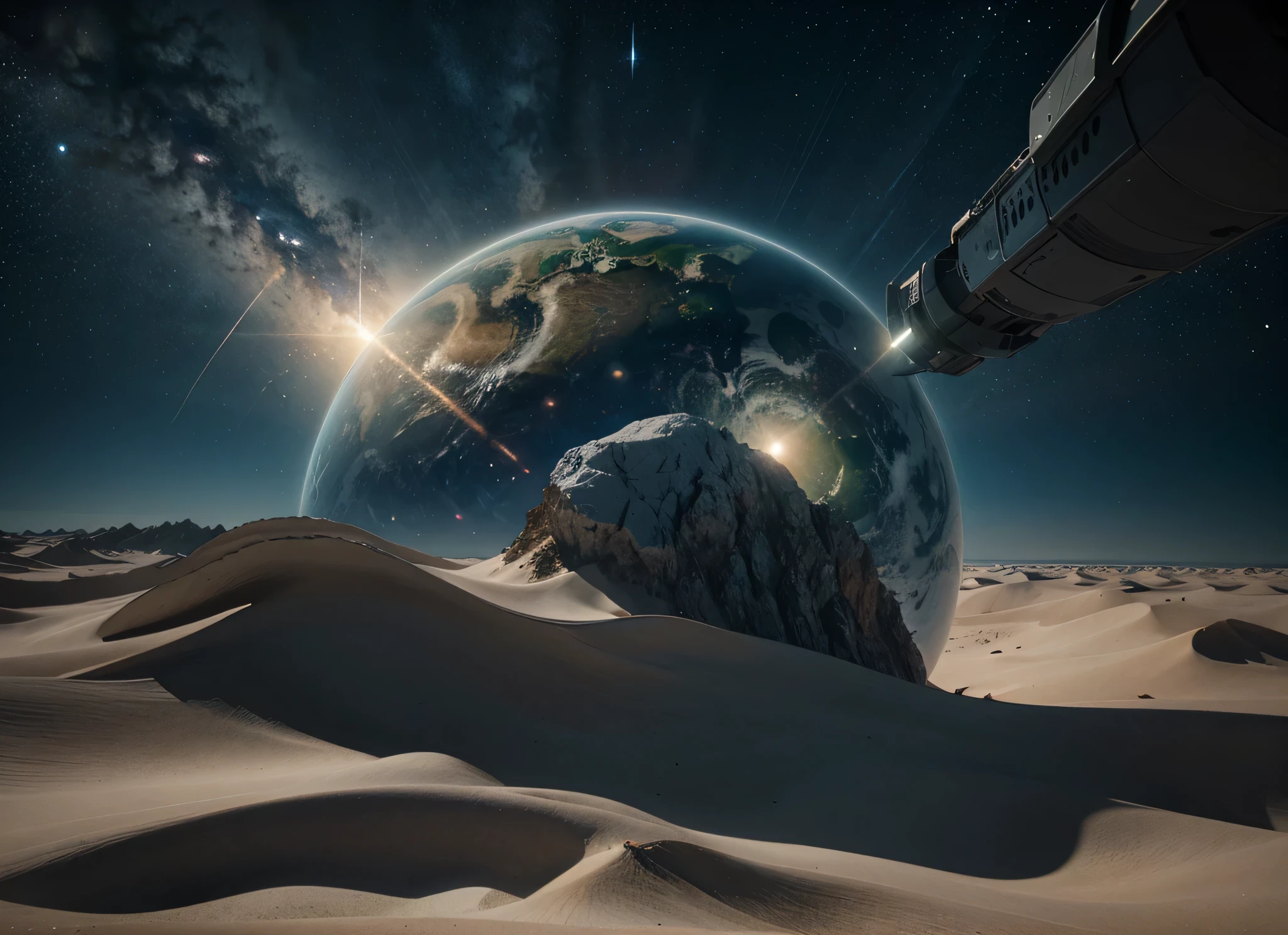 outer space with technological stars and planets, as well as robots