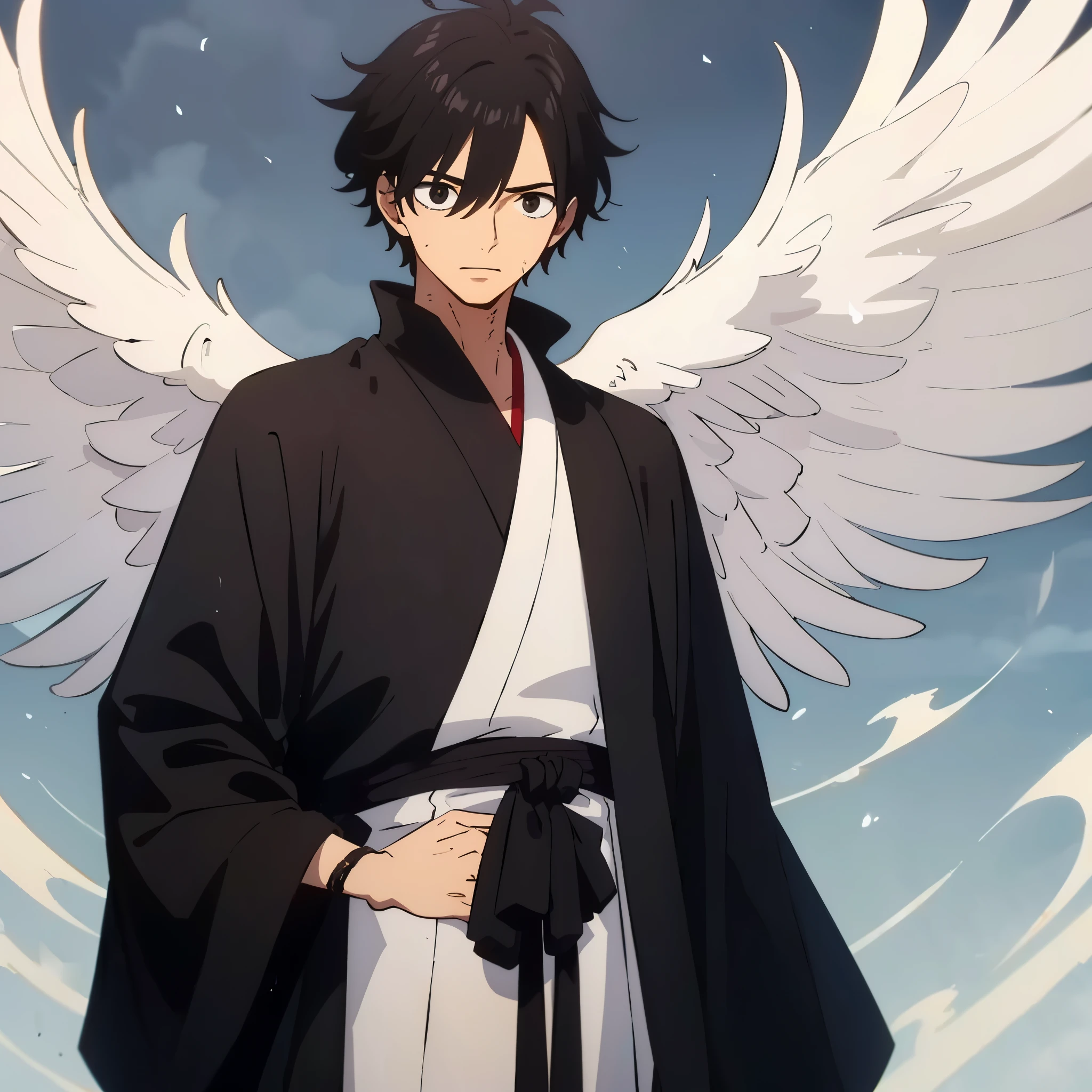 A young, tall man with white wings, fair skin, black eyes, with light, messy dark hair, short on the sides and back and long on the top of his head, forming a sort of messy tuft, wearing black Gojō kāṣāya that covers his entire body, black bottom