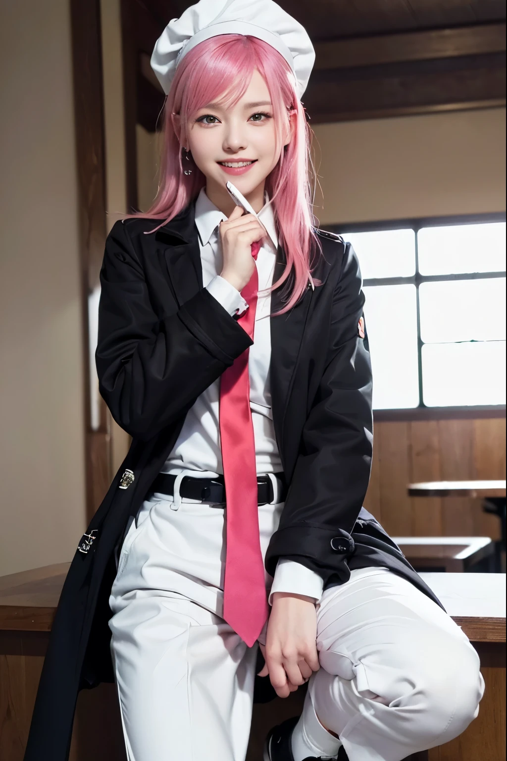 (8K, top-quality, masterpiece:1.2), (reallistic, Photorealsitic:1.37), Super Detail, One girl, (Highly detailed), (beautifully detailed eyes), (of the highest quality), (super detailed), (masterpiece), (Detailed face), 20yr old, 1 girl, ((pink hair,long hair)), medium breasts, clothed, Perfect Lighting, BREAK, (black happi coat:1.4), (white shirt:1.5), (red tie:1.4), (black slacks:1.5), (green belt:1.3), (white socks:1.2), (black chef shoes:1.3), (white hat:1.2), BRAKE, (short pink hair:1.4), (smile:1.5), (holding knife pose:1.4), (sushi counter background:1.3), (soft natural light:1.2)