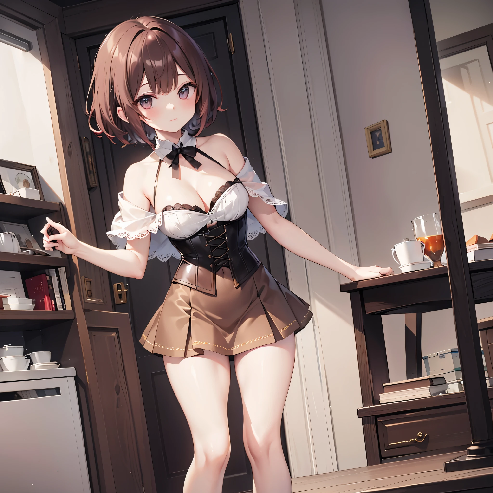 (solo 1 skinny young girl), (dark red short hair:1.2), (short dress:1.2), (plunging neckline), wiry corset (emphasize cleavage), very short torso, (inconceivably thin narrow waist), short (brown capelet), BREAK, (very short brown skirt:1.2), emphasize thigh gap, thin long legs, BREAK, 12th Century Europe