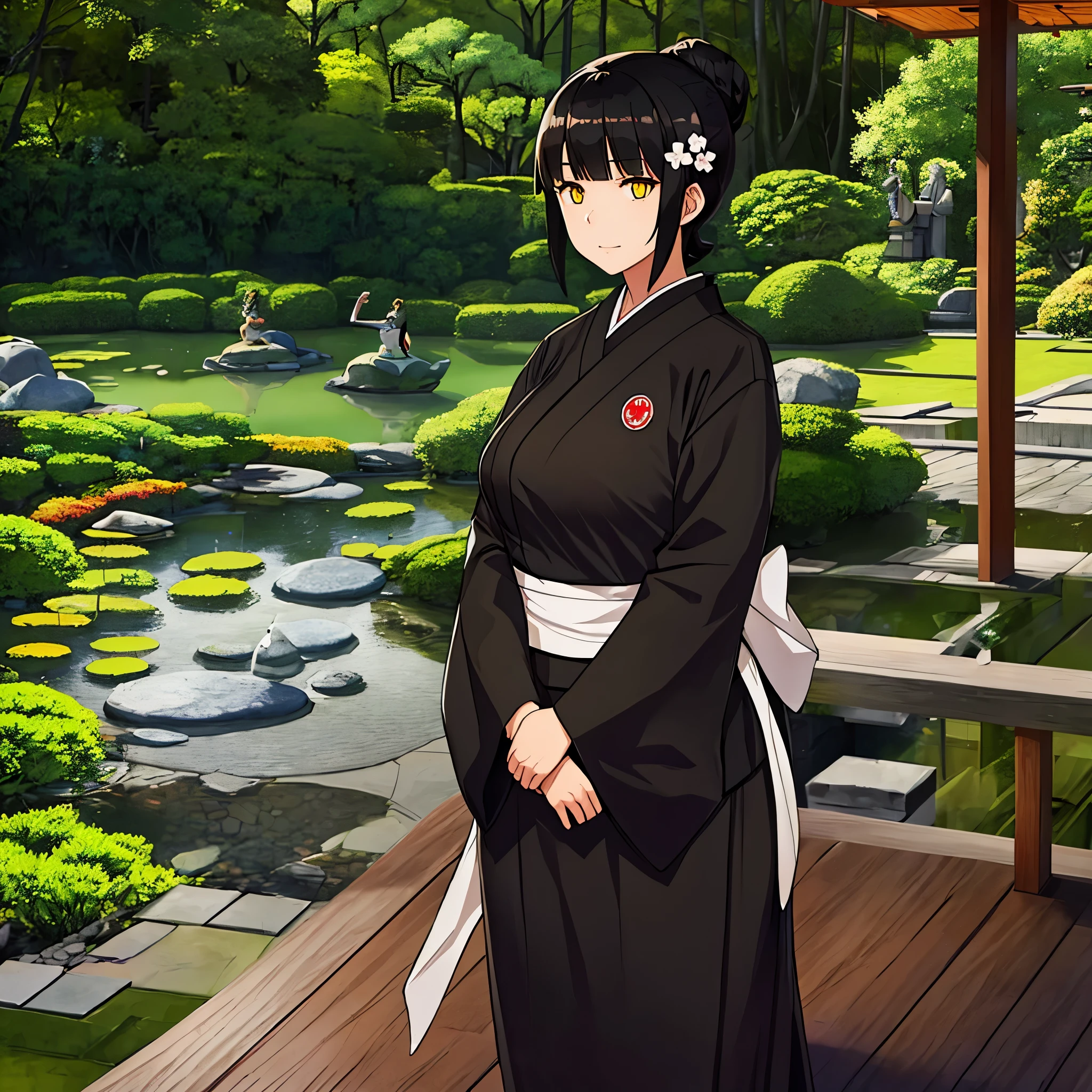 a woman with black hair, yellow eyes in a Japanese garden
