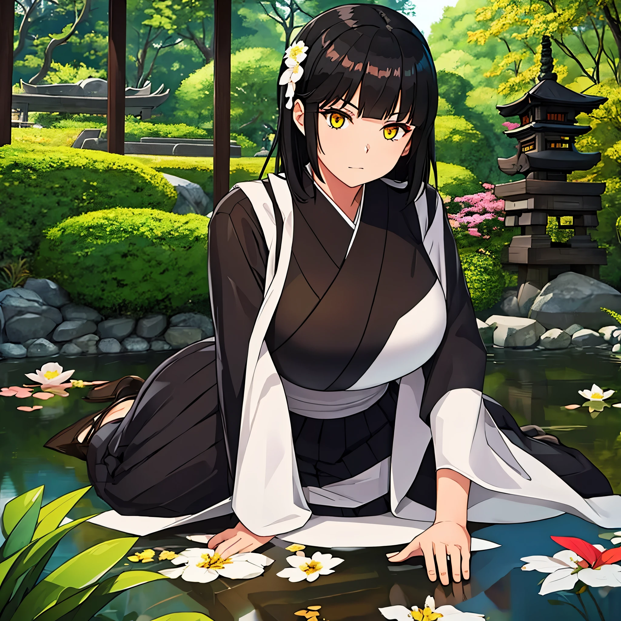 a woman with black hair, yellow eyes in a Japanese garden
