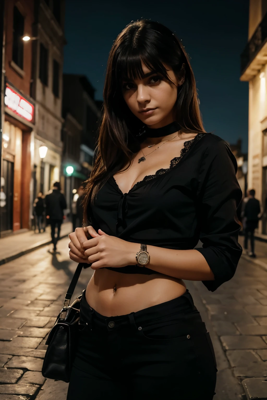 ((Mejor calidad)), ((Obra maestra)), (detallado), cara perfecta,, ((Mejor calidad)), ((Obra maestra)), (detallado), cara perfecta,, gothic girl with hair bangs, un top corto y una falda plisada negra en cuclillas en la calle por la noche, real, cuerpo entero, cuerpo entero, real