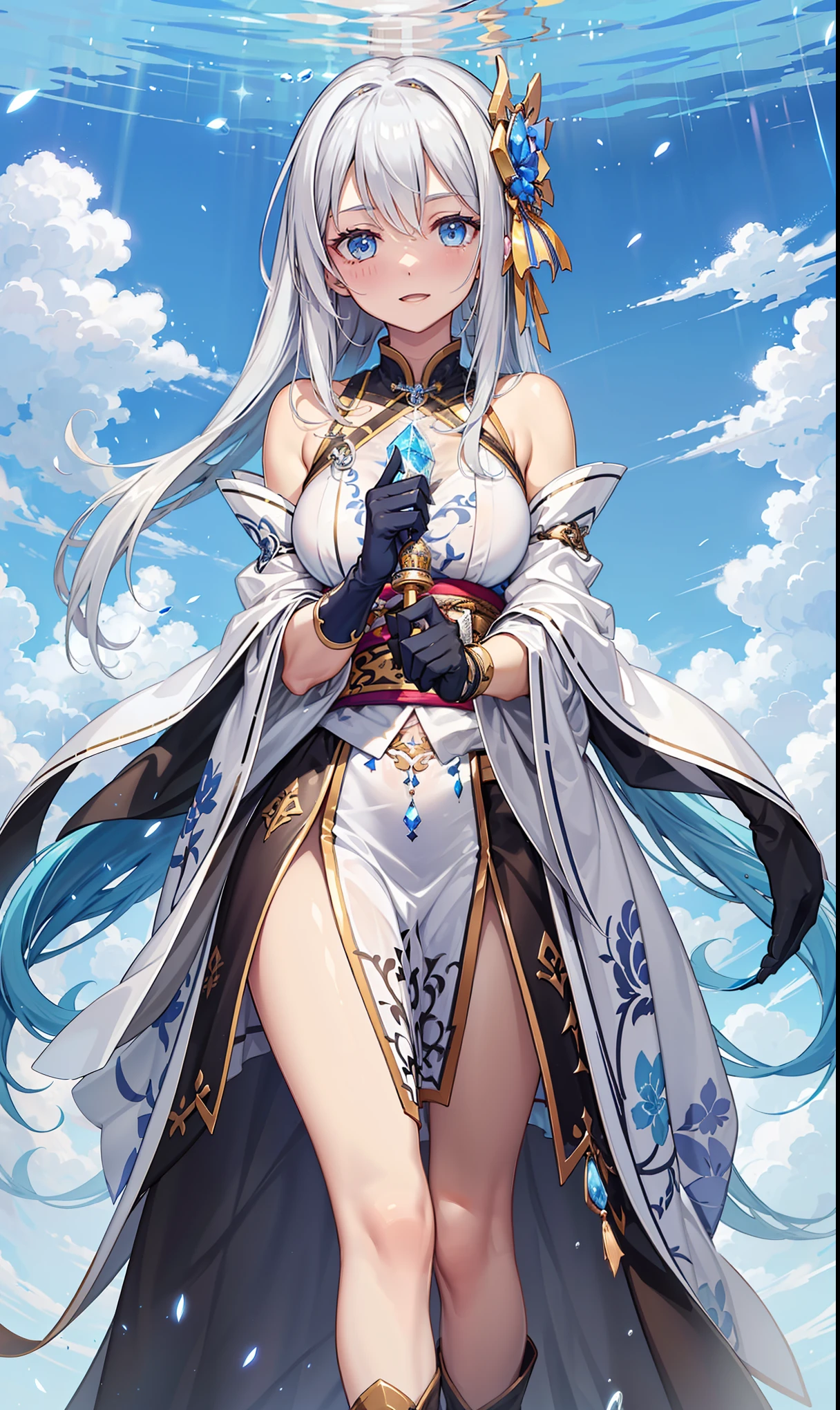 Virgin,seductive posture,hapiness,in love,(Transparent colorful Hanfu,Sophisticated and gorgeous design),black gloves,silver hair,blue eyes,see through transparent clothes,Exquisite hair accessories,Transparent lace,Engraving pattern,dress nicely,The background is an old Chinese palace,Inside the hall,elegant posture,night,(long garters:1.1),Super super details