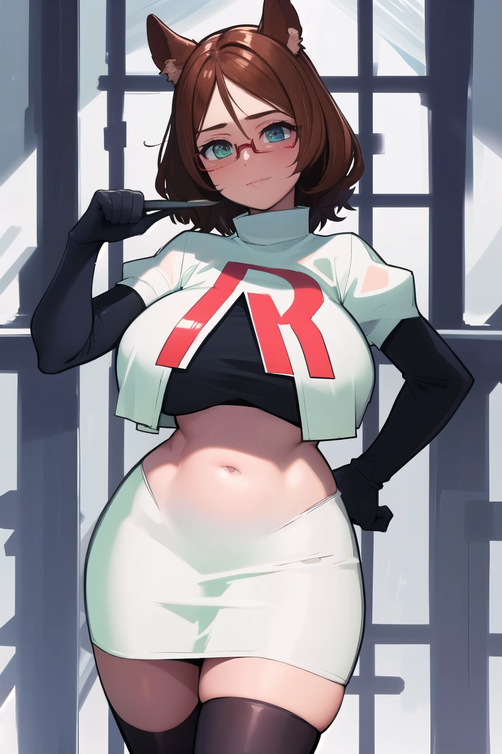 (mint-castella:1.3)
(absurdres, absurd resolution, highres, high resolution, best quality, masterpiece:1.1)
(solo, 1girl)
cowboy shot, standing
simple background
animal ears, brown hair, dog ears, dog girl, dog tail, green eyes, white pupils
red-framed eyewear, glasses, semi-rimless eyewear
team rocket,team rocket uniform, red letter R, white skirt,white crop top,black thigh-highs,black elbow gloves
plump, large breasts, thick thighs, skindentation