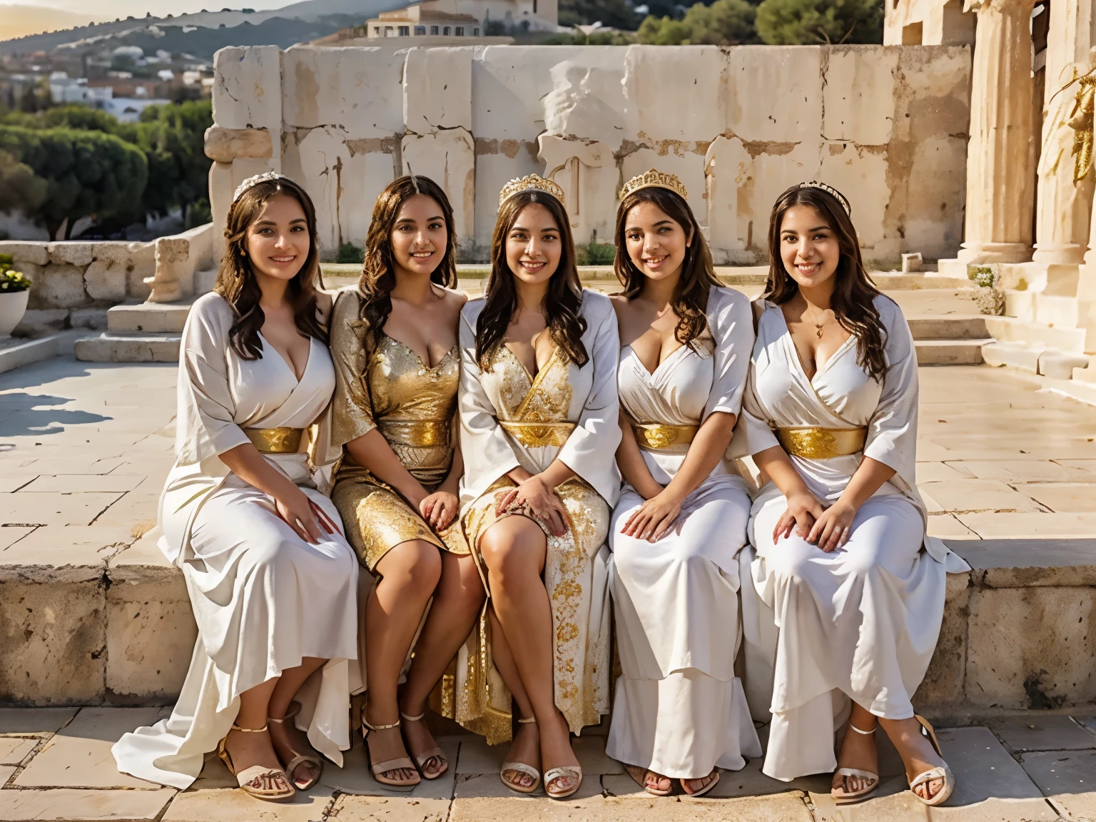 Closeup group photo of 5 full figured greek women, long and short hair, wearing layered full body long white robe, long skirt, gold crown with flower ornament, smiling, cheerful sitting pose, outdoor terrace in front of a traditional greek temple, afternoon, sunset, golden hour