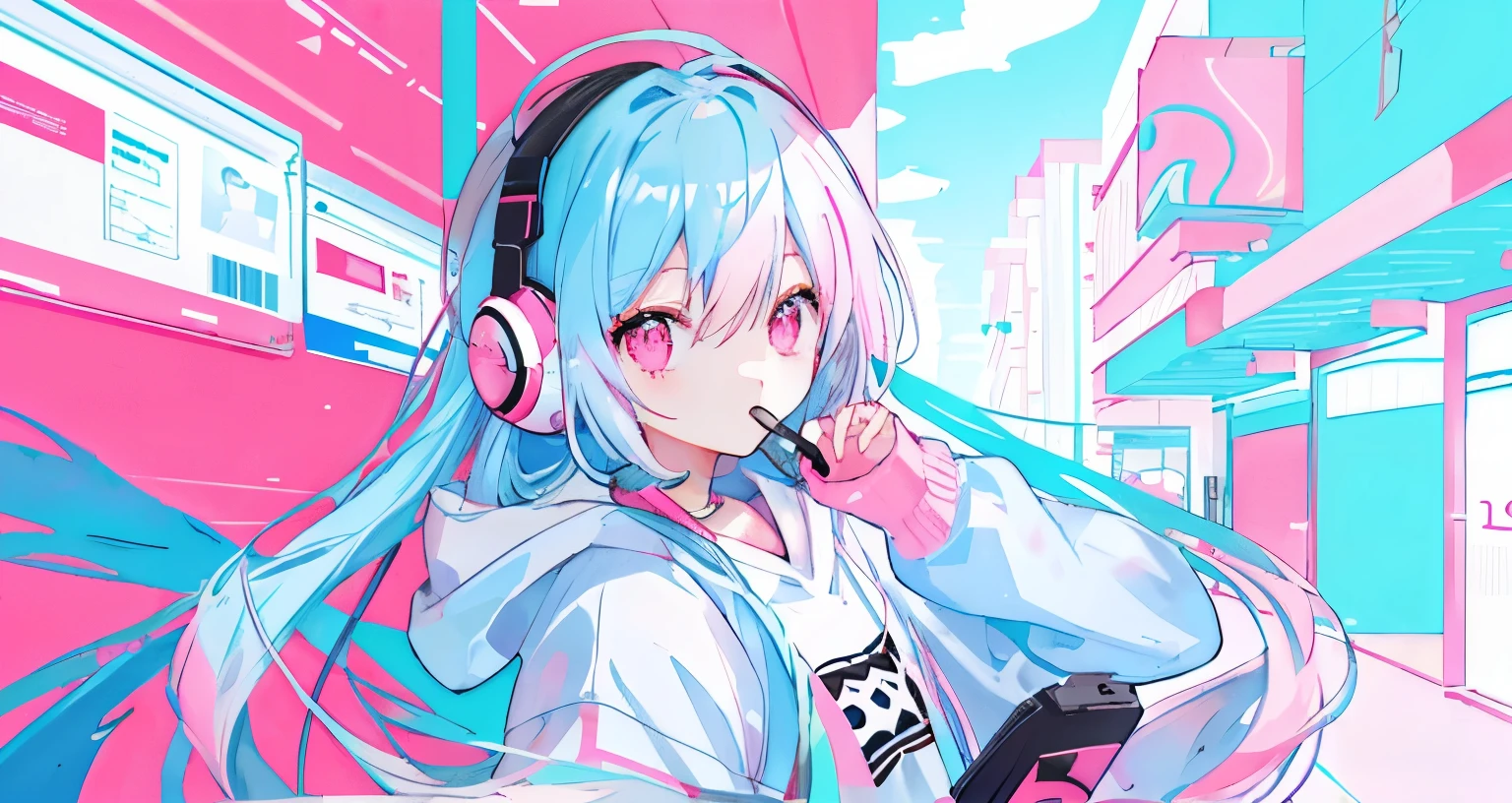 light blue long hair,Pink and white sweatshirt,pink eyes,black headphones,Lollipop in mouth