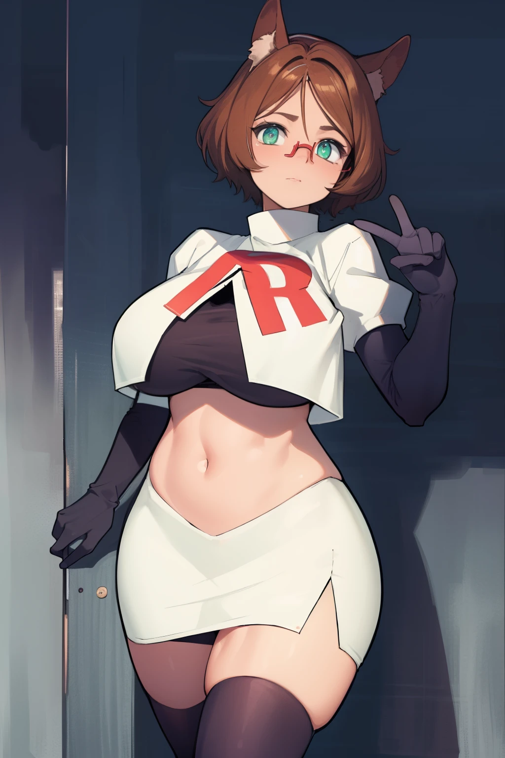 (mint-castella:1.3)
(absurdres, absurd resolution, highres, high resolution, best quality, masterpiece:1.1)
(solo, 1girl)
cowboy shot, standing
simple background
animal ears, brown hair, dog ears, dog girl, dog tail, green eyes, white pupils
red-framed eyewear, glasses, semi-rimless eyewear
team rocket,team rocket uniform, red letter R, white skirt,white crop top,black thigh-highs,black elbow gloves
plump, large breasts, thick thighs, skindentation