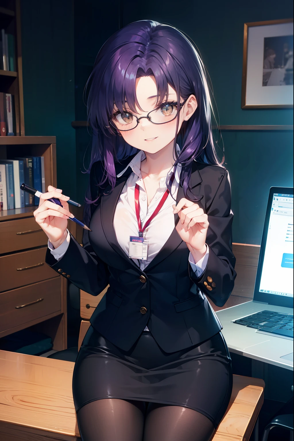 misatokatsuragi, Misato Katsuragi, long hair, (brown eyes:1.5), blue hair, (purple hair:1.2),OL, red glasses, end, black suit jacket, collared jacket, white dress shirt, collared shirt, neckline, button, strap, ID card on neck, black pencil skirt, black pantyhose, smile, blush, looking at the viewer, Charm, Mechanical,on your computer,sitting in a chair, interior,touch typing 、
break indoors, office,
break looking at viewer, (cowboy shot:1.5),
break (masterpiece:1.2), highest quality, High resolution, unity 8k wallpaper, (figure:0.8), (detailed and beautiful eyes:1.6), highly detailed face, perfect lighting, Very detailed CG, (perfect hands, perfect anatomy),