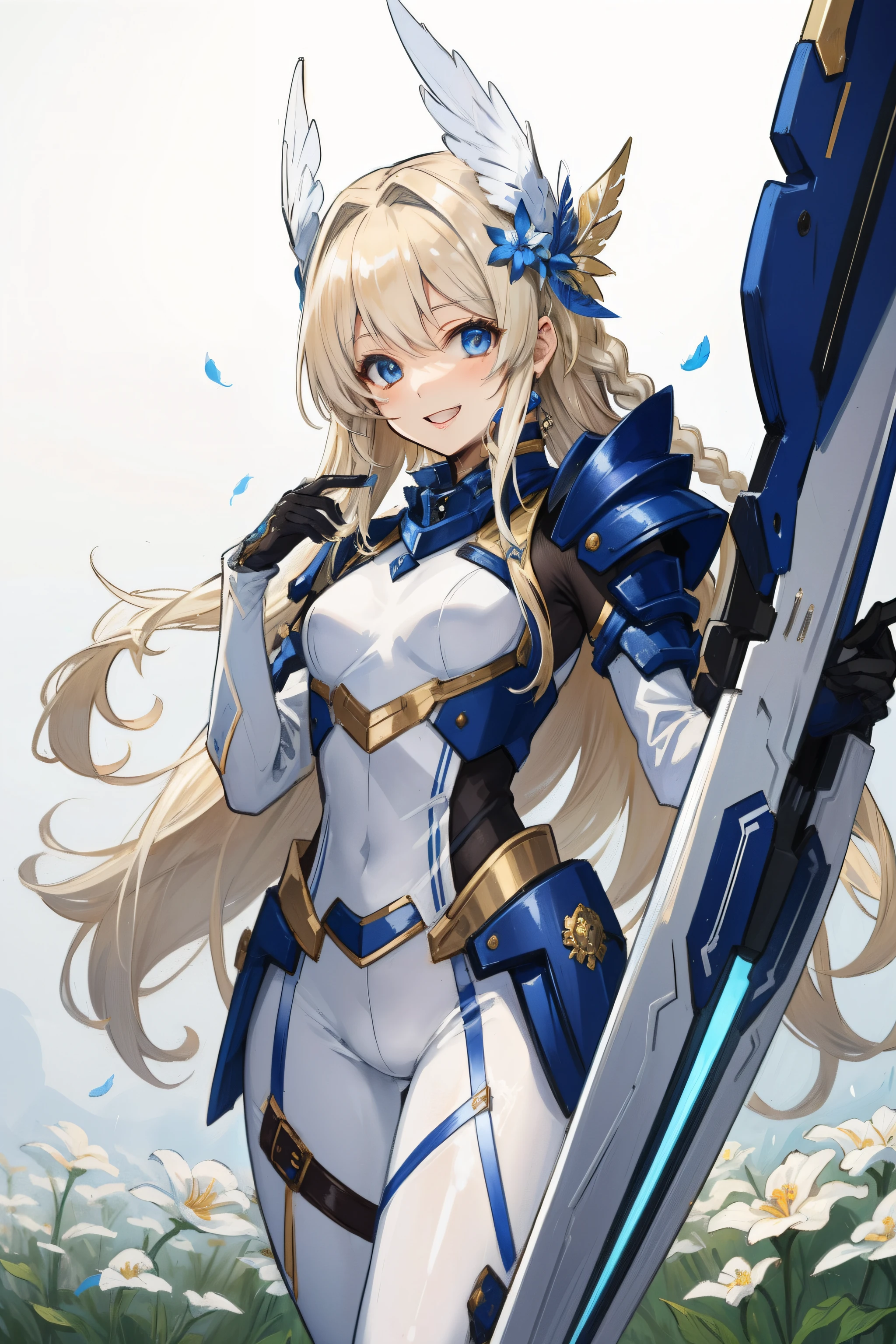 (Masterpiece, best quality), intricate details, valkyrie, cute, happy smile, (((laugh))), hand up, looking at viewer, feather headgear, meadow of flowers,
1 woman, alone, portrait, tentacle platinum blonde hair, droopy blonde eyes, silver single thigh, White independent single sleeve, Gloves, single braid,
mecha musume, white bodysuit, silver reinforced suit, mini feather wings, silver pantyhose, full armor, flower decoration, equip a spear, equip a shield