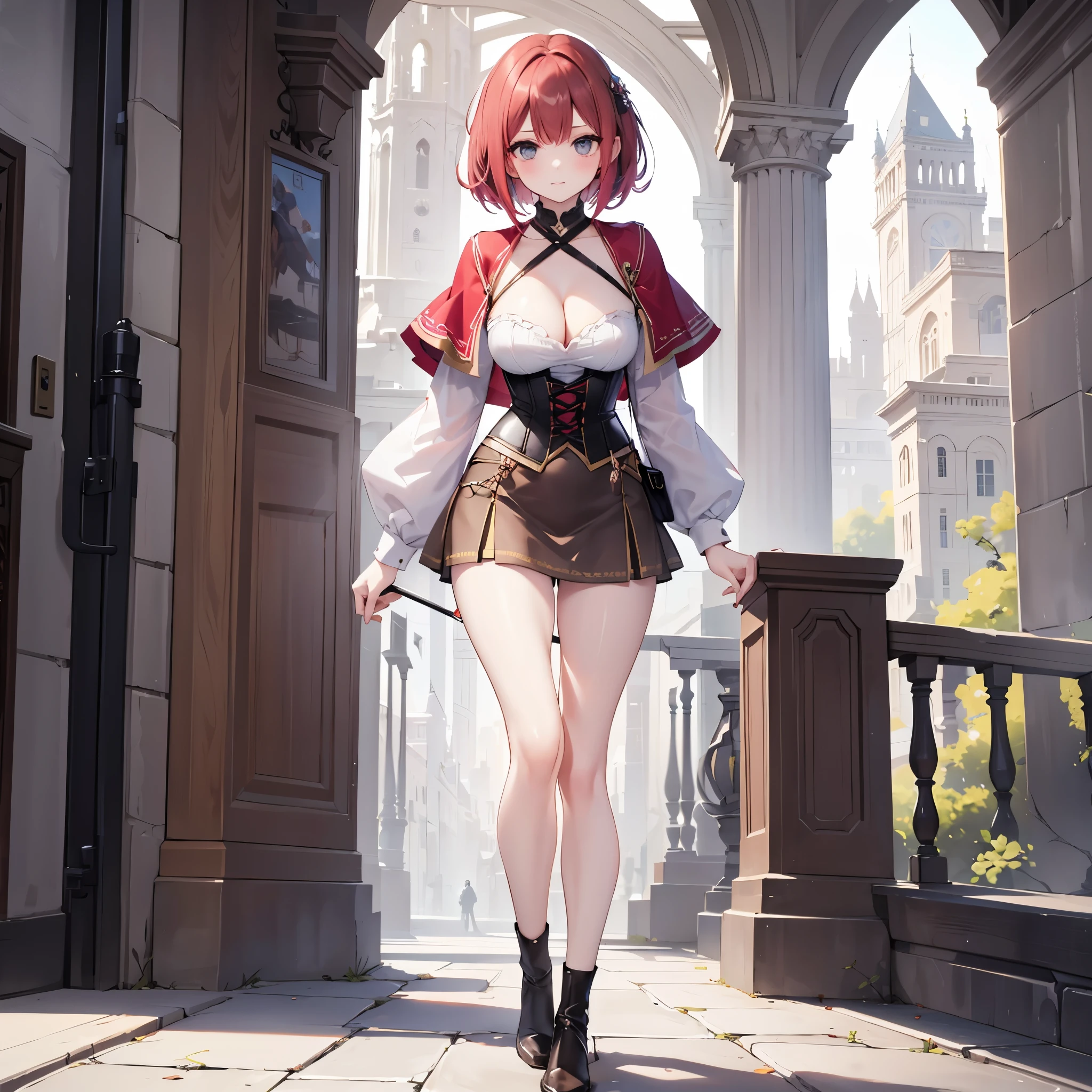 (solo 1 skinny young girl), (red short hair:1.2), (short dress:1.2), (plunging neckline), wiry corset (emphasize cleavage), very short torso, (inconceivably thin narrow waist), short (brown capelet), BREAK, (very short brown skirt:1.2), emphasize thigh gap, thin long legs, BREAK, 12th Century Europe