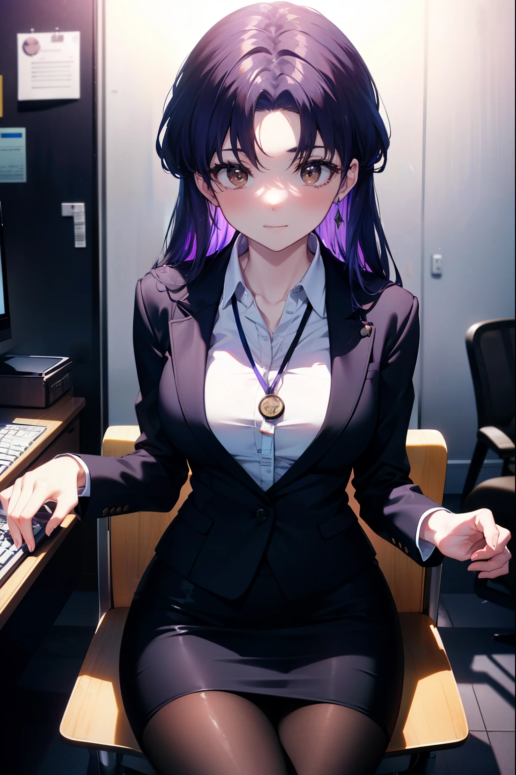 misatokatsuragi, Misato Katsuragi, long hair, (brown eyes:1.5), blue hair, (purple hair:1.2),OL, end, black suit jacket, collared jacket, white dress shirt, collared shirt, neckline, button, strap, ID card on neck, black pencil skirt, black pantyhose, smile, blush, looking at the viewer, Charm, Mechanical,on your computer,sitting in a chair, interior,touch typing 、
break indoors, office,
break looking at viewer, (cowboy shot:1.5),
break (masterpiece:1.2), highest quality, High resolution, unity 8k wallpaper, (figure:0.8), (detailed and beautiful eyes:1.6), highly detailed face, perfect lighting, Very detailed CG, (perfect hands, perfect anatomy),