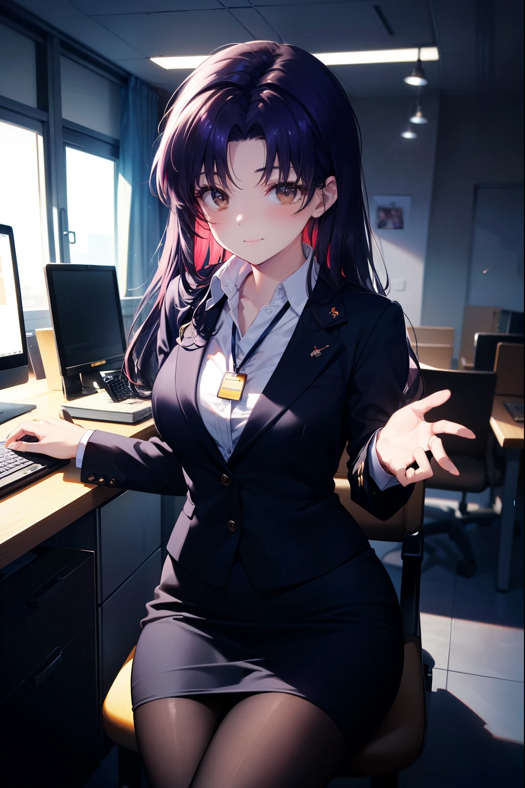 misatokatsuragi, Misato Katsuragi, long hair, (brown eyes:1.5), blue hair, (purple hair:1.2),OL, end, black suit jacket, collared jacket, white dress shirt, collared shirt, neckline, button, strap, ID card on neck, black pencil skirt, black pantyhose, smile, blush, looking at the viewer, Charm, Mechanical,on your computer,sitting in a chair, interior,touch typing 、
break indoors, office,
break looking at viewer, (cowboy shot:1.5),
break (masterpiece:1.2), highest quality, High resolution, unity 8k wallpaper, (figure:0.8), (detailed and beautiful eyes:1.6), highly detailed face, perfect lighting, Very detailed CG, (perfect hands, perfect anatomy),