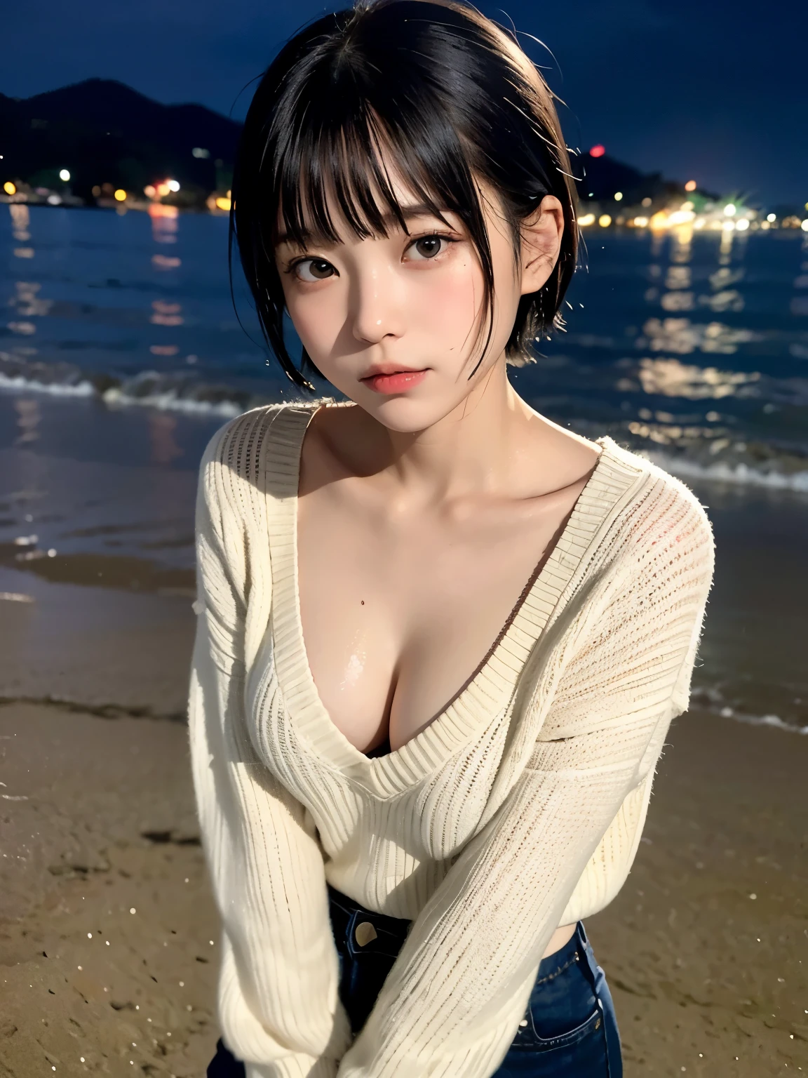 Best quality,raw photo , 19 years old Japanese female idol, leaning forward , v-neck sweater, Short hair, bowl cut ,cute face ,edgy,droop ,murky water , overflowing ,wet ,selfie, on the beach, rain,night,