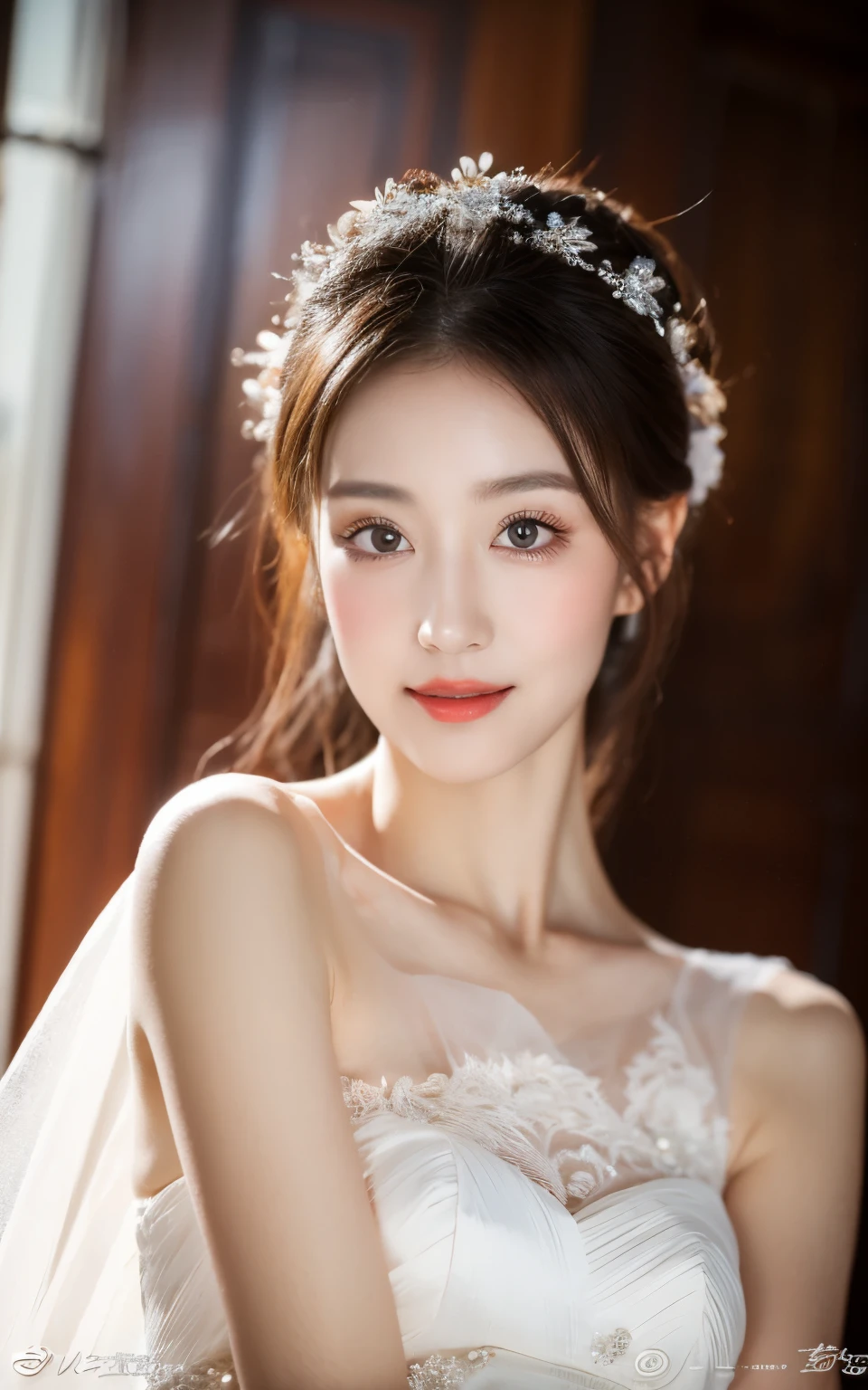 Highly detailed CG Unity 8K wallpapers、top-quality、ultra - detailed、tmasterpiece、hentail realism、Photorealsitic、extremely detailed cute girl、(25 age old)、Red blush、roundly eyes、Semi-body shot、white wedding gown、veils、armpit focus