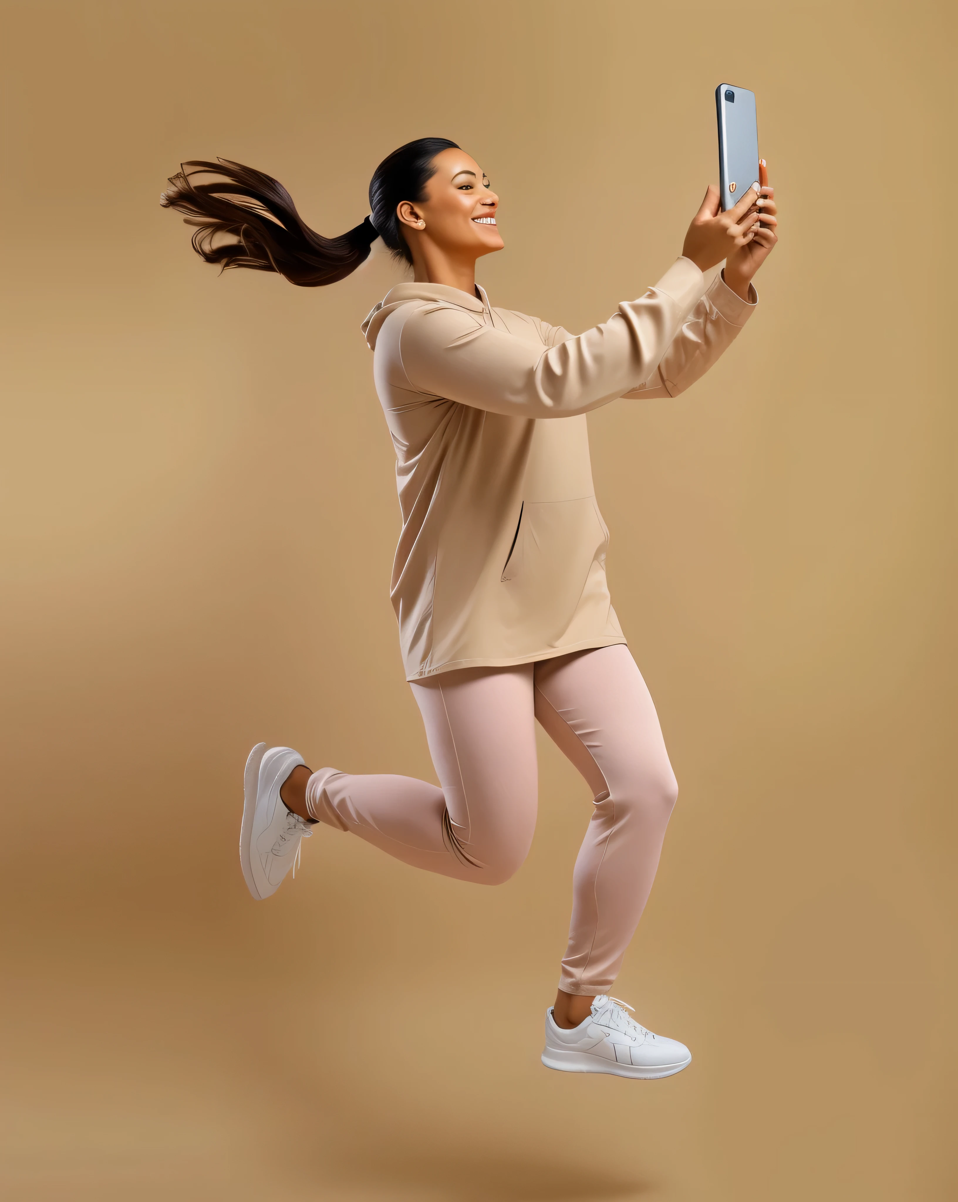 araffe woman in a tan shirt and leggings is holding a cell phone, full body action pose, in an action pose, full body with dynamic pose, running pose, jump pose, action glamour pose, confident action pose, action pose, full body photogenic shot, dynamic moving pose, shooting pose, jumping towards viewer, leaping towards viewer, distorted pose