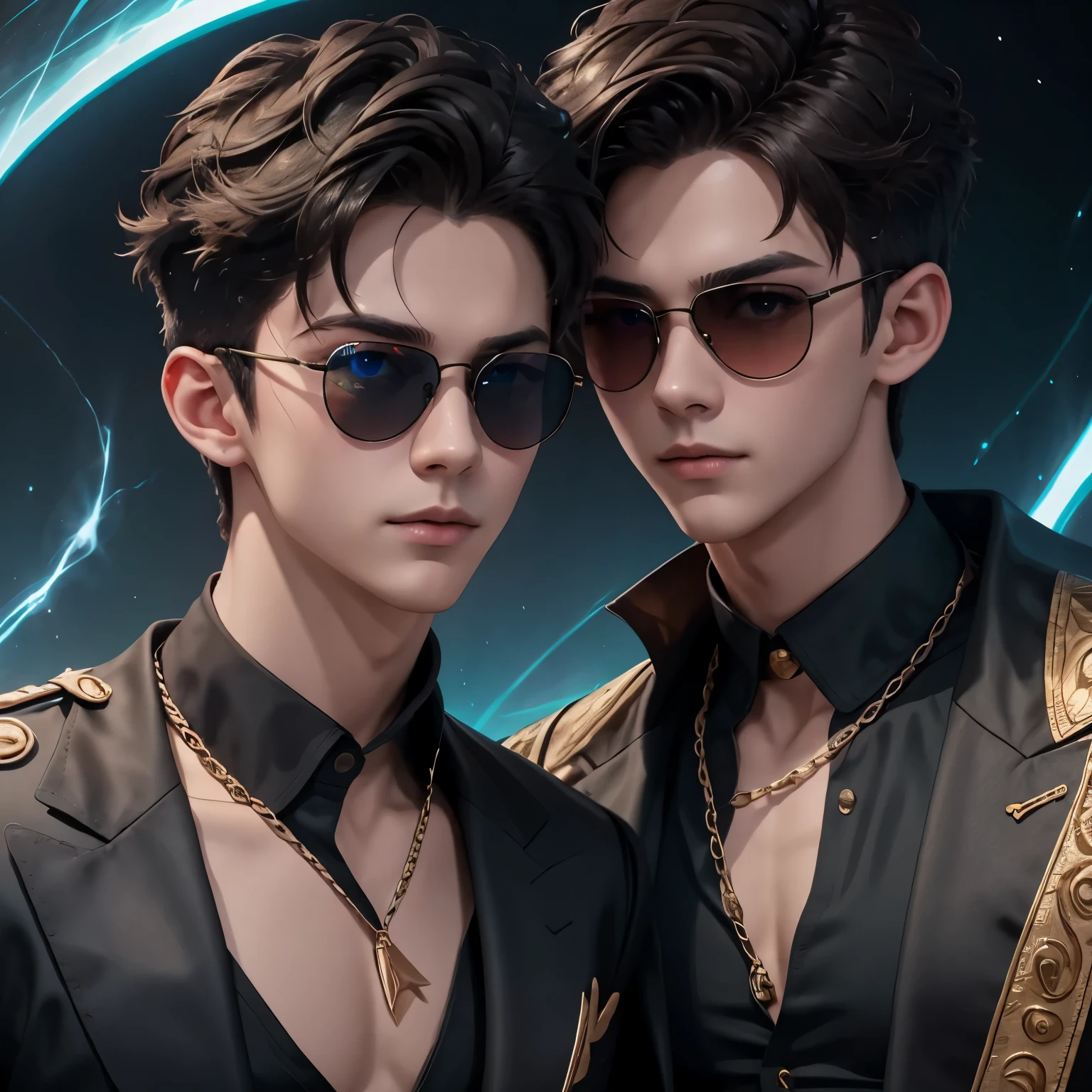 (Masterpiece, Best quality:1.2), 2 people, two attractive guys, Dressed in fashionable clothes . Extravagant clothes , chameleon sunglasses – only the upper part of the lens is dark, mirror glasses , cool hat, fashion clothes, very cute two boys, 4K image, realism, High quality photo of two young guys wearing glasses !