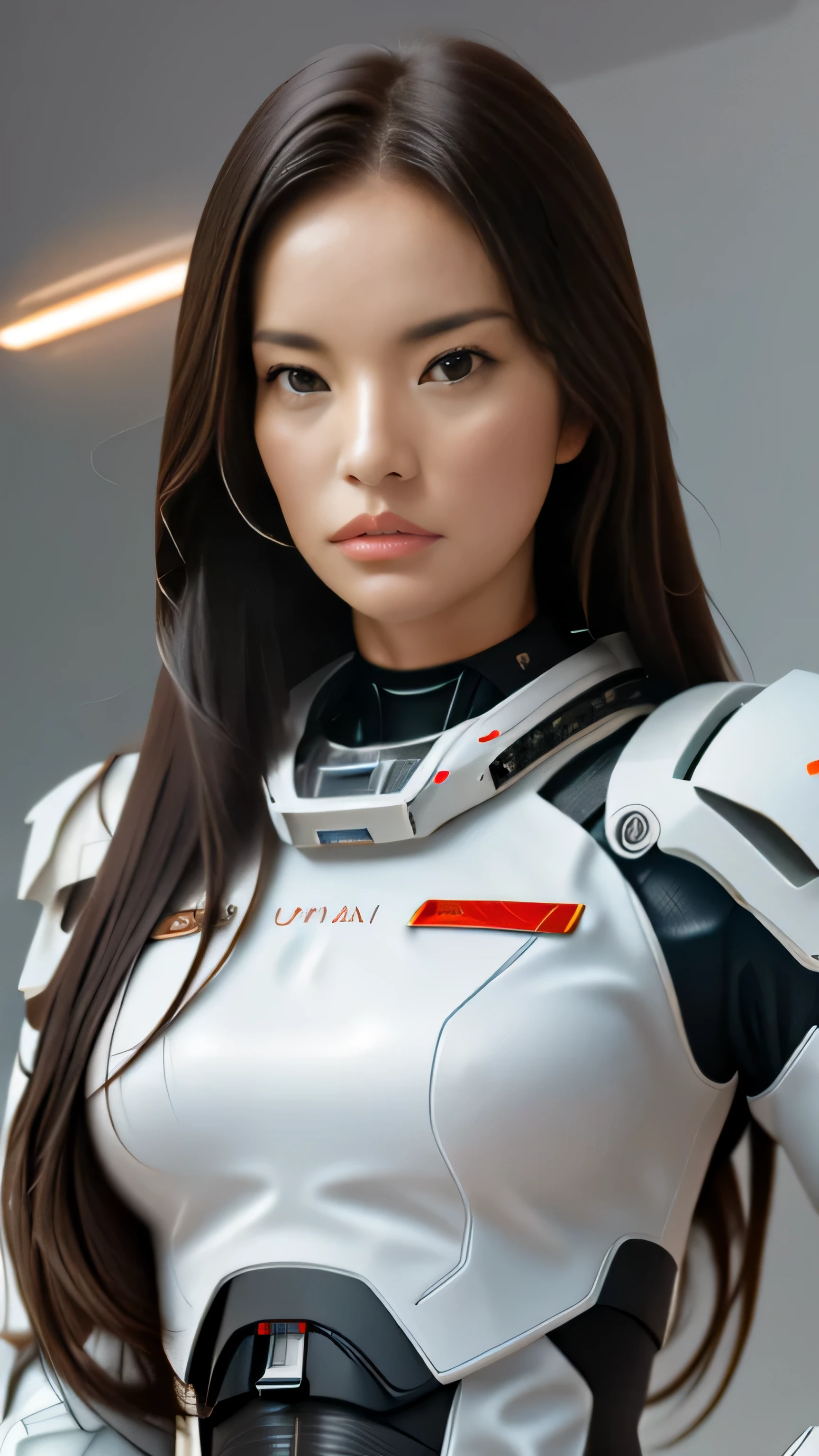 Feminine beauty, High detail and quality, 16k Ultra HD, 3d, dark hair and in a white suit posing for a photo, beautiful white cyborg girl, portrait of a beautiful science fiction girl, in white futuristic armor, beautiful cyborg girl, White cyborg fashion shot, Girl in mecha cyber armor, cute cyborg girl, Wojtek fus, beautiful android woman, Portrait of a girl astronaut in armor, beautiful cyborg girl