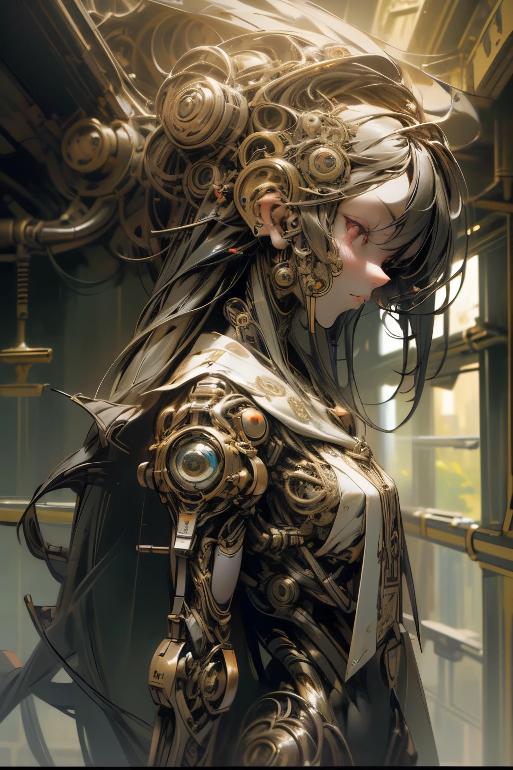 Ridiculous, high resolution, Ultra-detailed, 2+Mechanical girl, (( [Red | Shiny] Eye ), very long hair:1.2), (Machine made joints, mechanical limbs, Wire and cable connections to head and body:1.1), Wire and cable connections to head and body, Wire and cable connections, (Fractal art:1.2), tangled, Line effect, mechanical effect,Riel Mecha