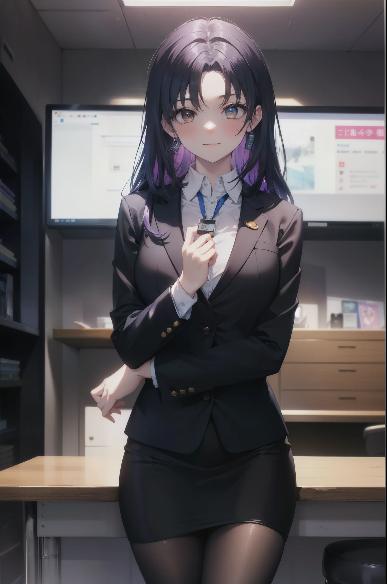 misatokatsuragi, Misato Katsuragi, long hair, (brown eyes:1.5), blue hair, (purple hair:1.2),OL, end, smile,black suit jacket, collared jacket, white dress shirt, collared shirt, neckline, button, strap, ID card on neck, black pencil skirt, black pantyhose, smile, blush, looking at the viewer, Charm, Mechanical,on your computer,sitting in a chair, interior,touch typing 、
break indoors, office,
break looking at viewer, (cowboy shot:1.5),
break (masterpiece:1.2), highest quality, High resolution, unity 8k wallpaper, (figure:0.8), (detailed and beautiful eyes:1.6), highly detailed face, perfect lighting, Very detailed CG, (perfect hands, perfect anatomy),