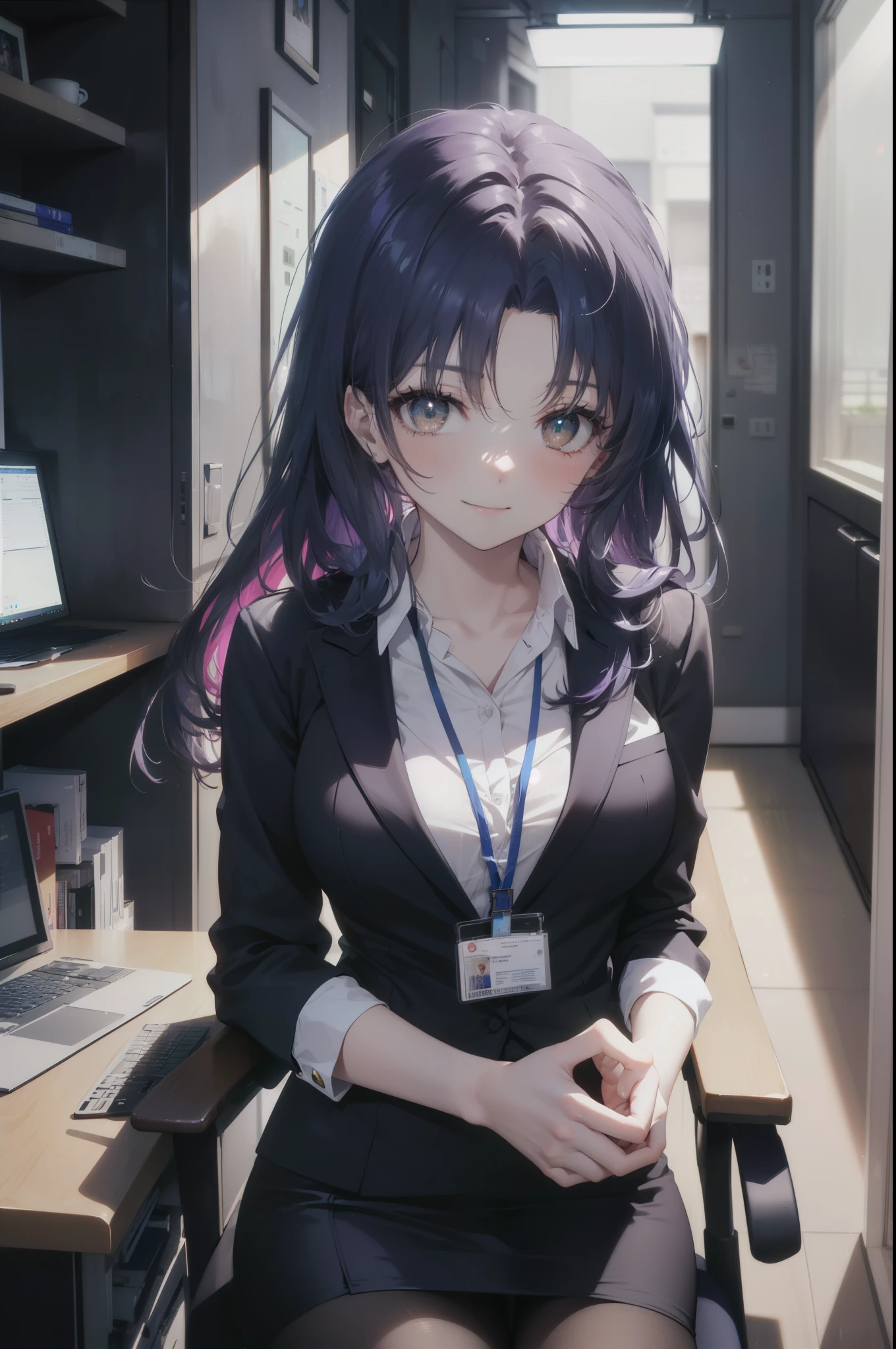 misatokatsuragi, Misato Katsuragi, long hair, (brown eyes:1.5), blue hair, (purple hair:1.2),OL, end, smile,black suit jacket, collared jacket, white dress shirt, collared shirt, neckline, button, strap, ID card on neck, black pencil skirt, black pantyhose, smile, blush, looking at the viewer, Charm, Mechanical,on your computer,sitting in a chair, interior,touch typing 、
break indoors, office,
break looking at viewer, (cowboy shot:1.5),
break (masterpiece:1.2), highest quality, High resolution, unity 8k wallpaper, (figure:0.8), (detailed and beautiful eyes:1.6), highly detailed face, perfect lighting, Very detailed CG, (perfect hands, perfect ???????),