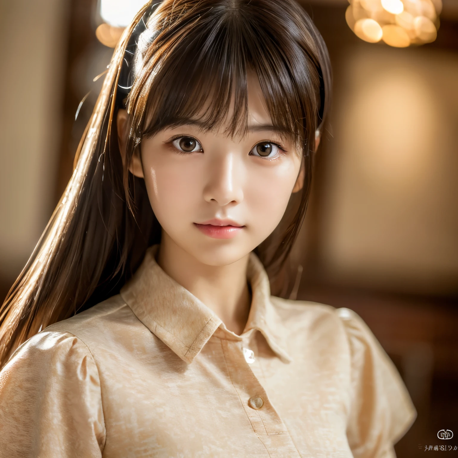 best quality, face focus, soft light, ultra high res, (photorealistic:1.4), RAW photo, 1japanese girl, solo, cute, (pupil, lights in the eyes), detailed beautiful face, (),(high resolution detail of human skin texture), (long hair), indoor, Damask Shirt Dress, (portrait)