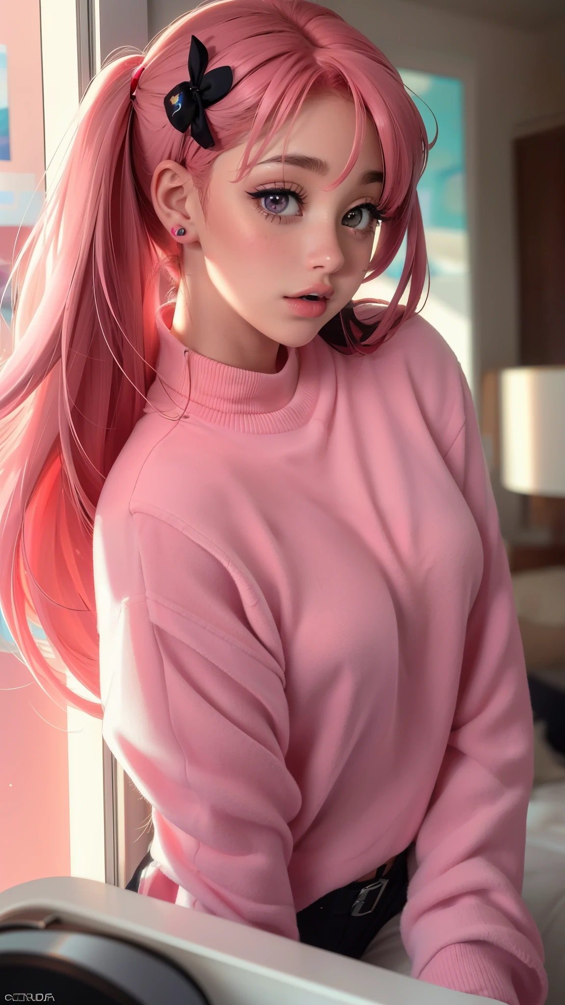 (La mejor calidad,A high resolution,Ultra - detallado,actual),Ariana Grande fre3ckles, pelirrojo, ojos grises, pecas, 1 chica,  pl34tp1nk, falda a cuadros, medias de red, cadenas, Hombros descubiertos, Pink sweater, top negro sin mangas,,( ciberpunk 2.1)