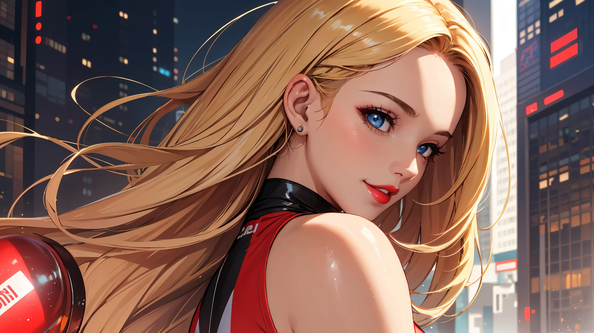 1 girl, (masterpiece, Detailed background, best quality), long and shiny hair, blonde hair, sportswear, giggle, juicy lips, bitch juice, red lips, perfect eyes,cyberpunk style