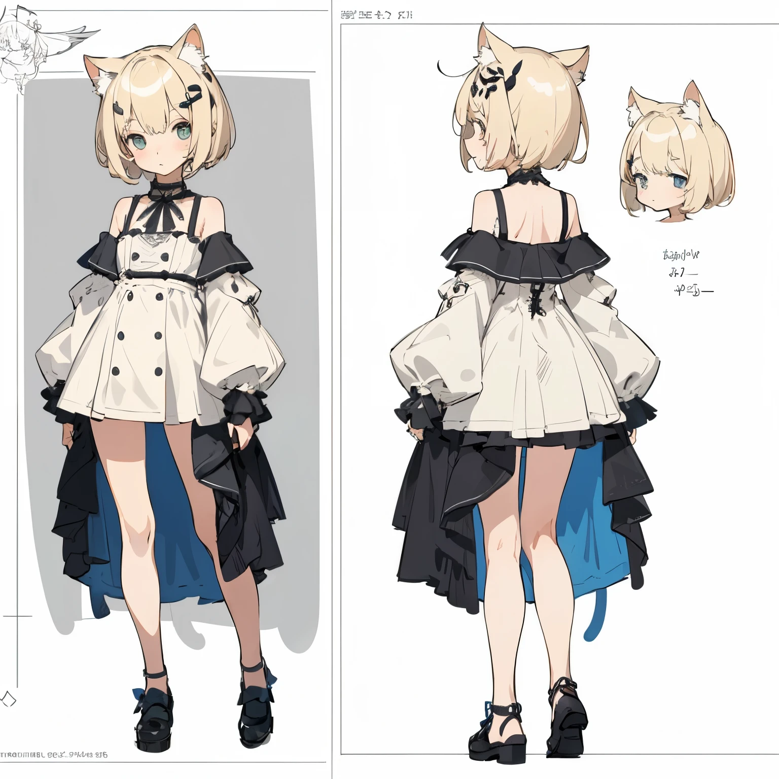 (masterpiece, best quality) detailed, girl, a blank look, kawaii, cute, completely naked, NSWF, drawing reference, reference, lineart, sketch (character design sheet, same character, full body, 3views, front, side, back), (pixie cut, slightly messy blonde hair, cowlick), cat ears, hair ornament, scornful eyes
