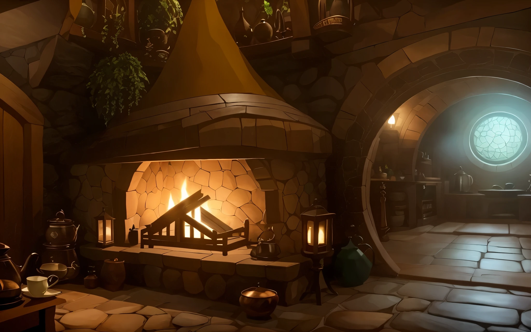 grande lareira na casa de madeira do hobbit. Uma sala cheia de objetos, uma mesa com mercadorias, kettle and cup of coffee, uma estante ao lado da lareira, e no final, um lindo vitral, uma sala de objetos detalhados (Do it better, MAIS DETALHADO)