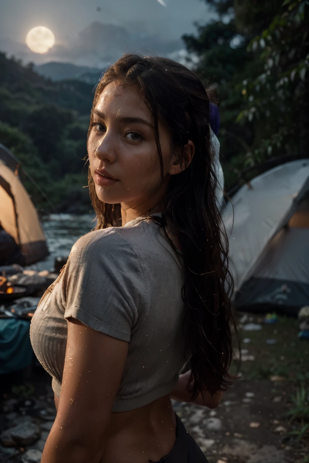 1 woman, amazonian build, sultry look, wet and sweaty ((upper body selfie, happy)), beautiful backlight, show biceps,masterpiece, best quality, ultra-detailed, solo, outdoors, (night), mountains, nature, (stars, moon) cheerful, happy, backpack, sleeping bag, camping stove, water bottle, mountain boots, gloves, sweater, hat, flashlight, forest, rocks, river, wood, smoke, shadows, contrast, clear sky, analog style (look at viewer:1.2) (skin texture) (film grain:1.3), (warm hue, warm tone:1.2), close up, cinematic light, sidelighting, ultra high res, best shadow, RAW, upper body, wearing pullover, portrait sophie mudd, thick neck, 19 year old female model, latina, angelawhite, violet myers, 22 years old, 21 years old, profile image, italian, italian latina, Alycia Debnam-Carey, hazel eyes, realistic, post-processing, maximum detail,