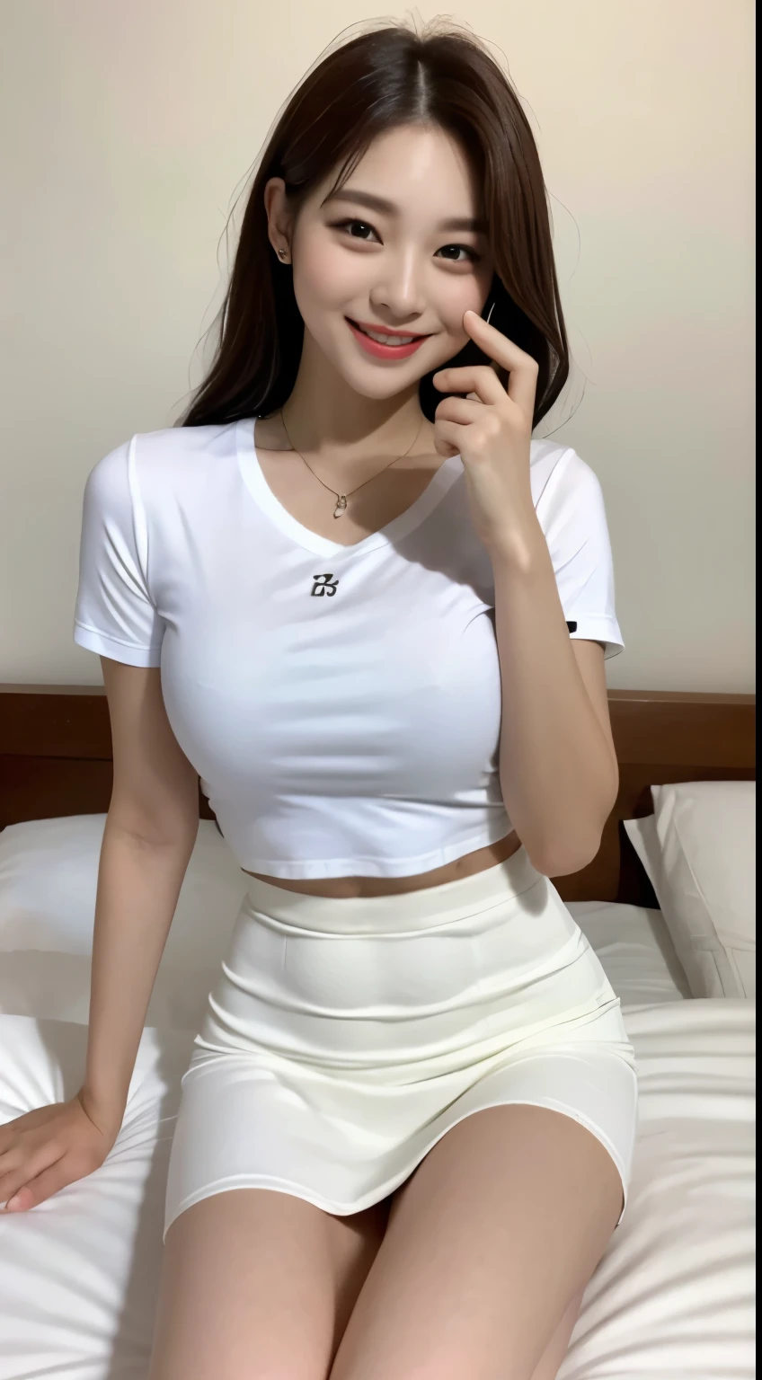 white tight shirt、white tight mini skirt、bed、smile、short sleeve、high resolution、Korean idol face
