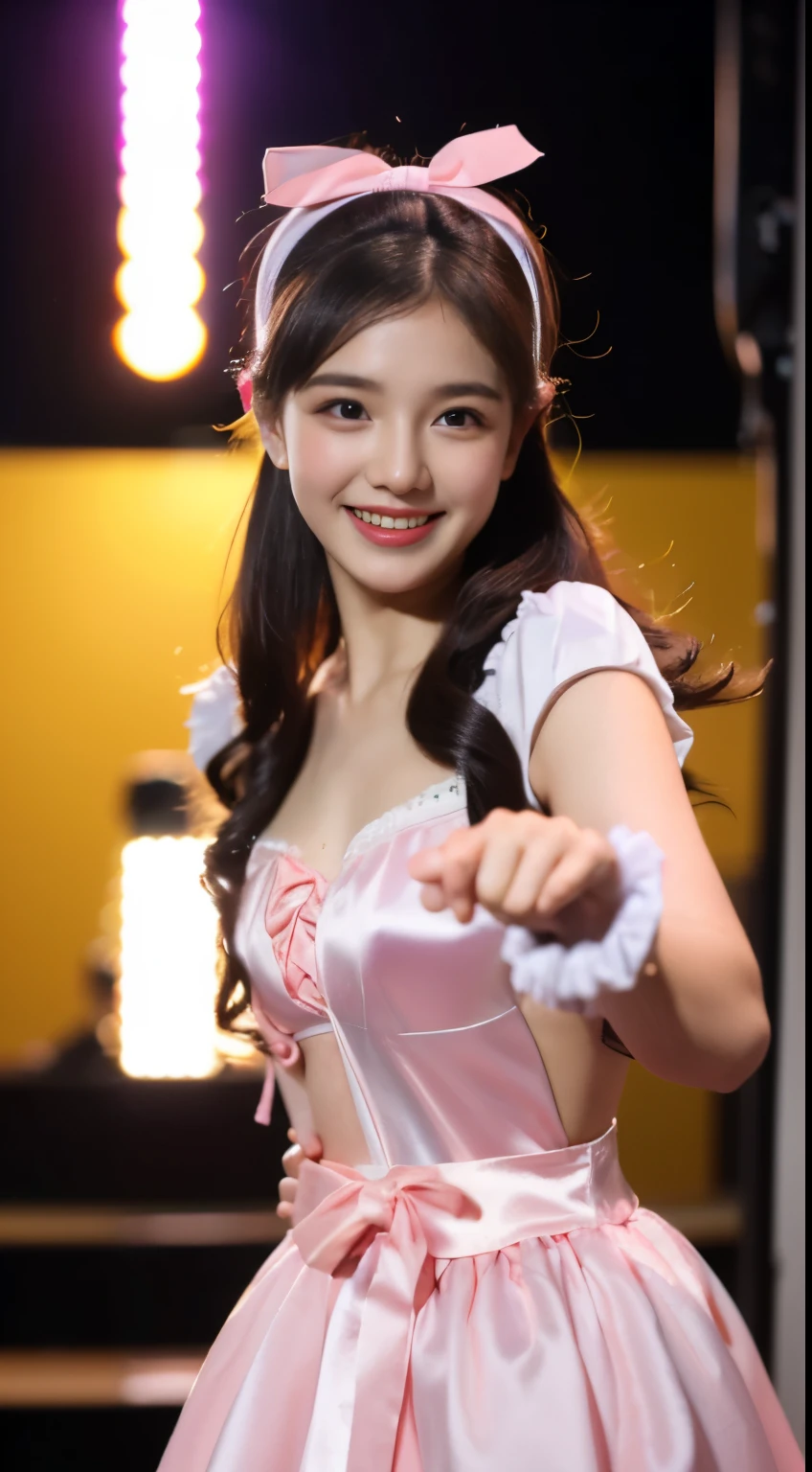((masterpiece、highest quality))、shape、Ultra detailed 8K、realistic、sharp focus、very detailed、professional lighting、colorful details、detailed face、detailed facial expressions、(close up of face)、Euphoric look、((Precise finger drawing))、((smile))、((sweating))、((ta costumes:1.4))、pink and light purple、ribbon、headband、super cute woman、Part of an idol group、(((dancing at a concert)))、Hair is moving、looking at the camera、Spotlight、18-year-old、shine、intricate details、Shitsumeka、1 A girl is in front of the audience.、belly button、