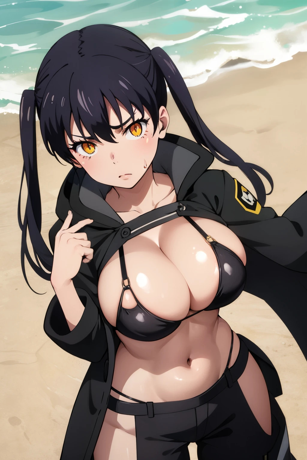 expensive body, expensive, long legs, mature female, mature, adult, It is_fire force_Tamaki, 1 girl, alone, chest, Upper body, black hair, twin tails, black bikini, swimsuit, coat, medium chest, bikini, black coat,long trousers,cleavage, looking at the viewer, open clothes, open coat, bangs, closed mouth, long hair, belly button, yellow eyes, hair between eyes, bikini top only, frown, long sleeve,open coat,cleavage,(large round breast:1.4),(toned stomach:1.2),slender,(sweat),excited,(breast close-up),((big tits)),(from above:1.4),(hands on breast)