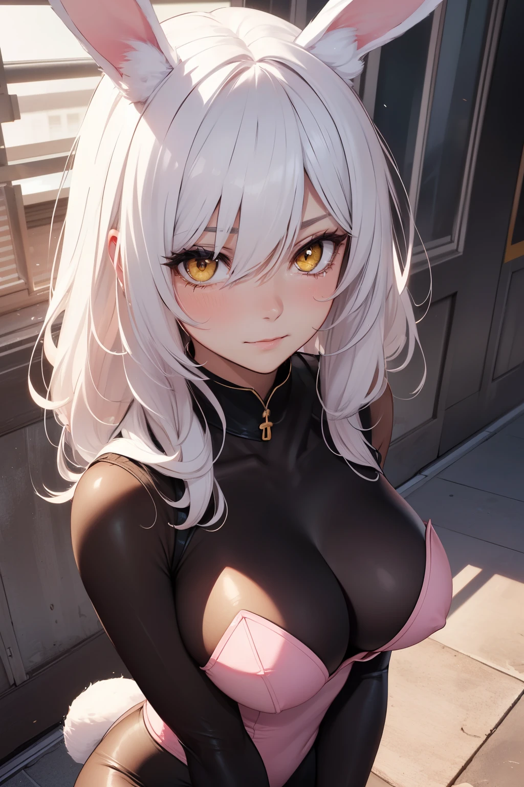 (ultra-detailed,best quality,highres:1.2),realistic,extremely detailed eyes, BREAK BLARKY beautiful caucasian woman with very long straight white hair,(yellow eyes),fair skin,expressive face,attractive appearance,animal ear fluff,animal ears,extra ears,rabbit ears,bunny girl,rabbit tail,long hair, bangs, hair between eyes, large breasts,
BREAK (pastel-pink theme:1.3), leotard, playboy bunny suit, pantyhose, fake rabbit ears,
BREAK artgerm, Red eyeliner, Beautiful eyes, detailed_eyes, art by artgerm and greg rutkowski, (amber eyes), smiling shyly, (intense blush), (fullface blush), (breasts focus:1.5),
BREAK slightly from above, dynamic angle, dynamic pose, upper body, sad, emotional, eyes full of tears, wet fur, tears running down her face, shivering body, wet clothes, ((gloomy atmosphere)), nighttime,
BREAK (white hair:1.5), (yellow eyes)